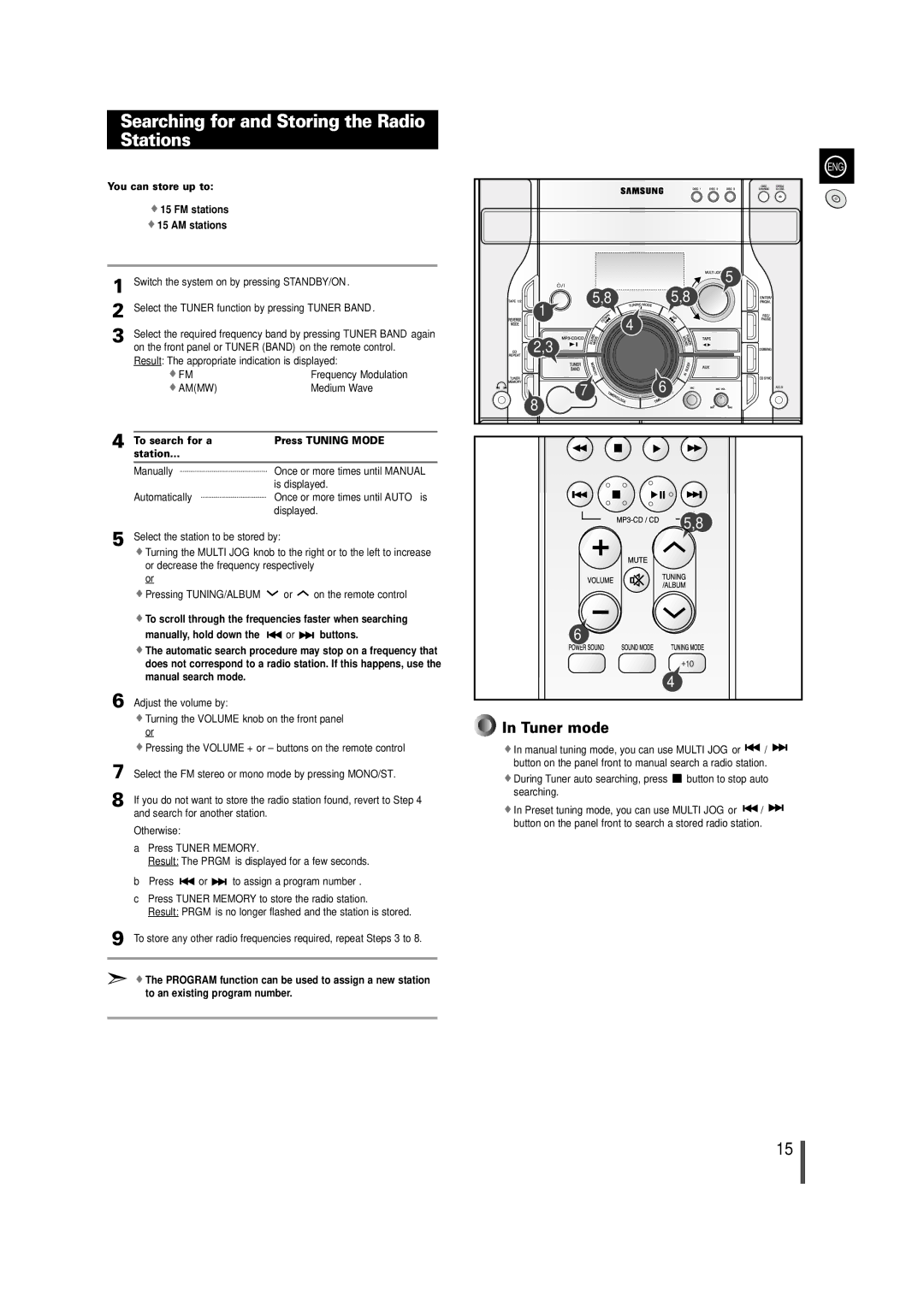 Samsung MAX-X66R/EDC manual Searching for and Storing the Radio Stations, You can store up to, Press Tuner Memory 