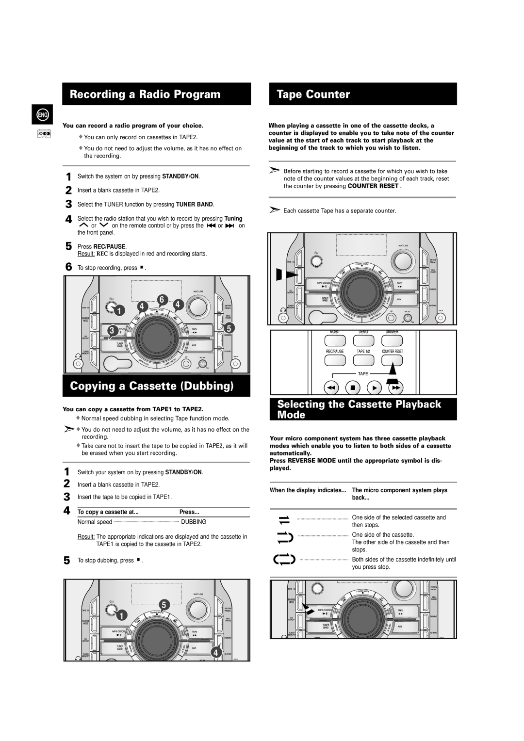 Samsung MAX-X66R/EDC manual Recording a Radio Program Tape Counter, Copying a Cassette Dubbing 