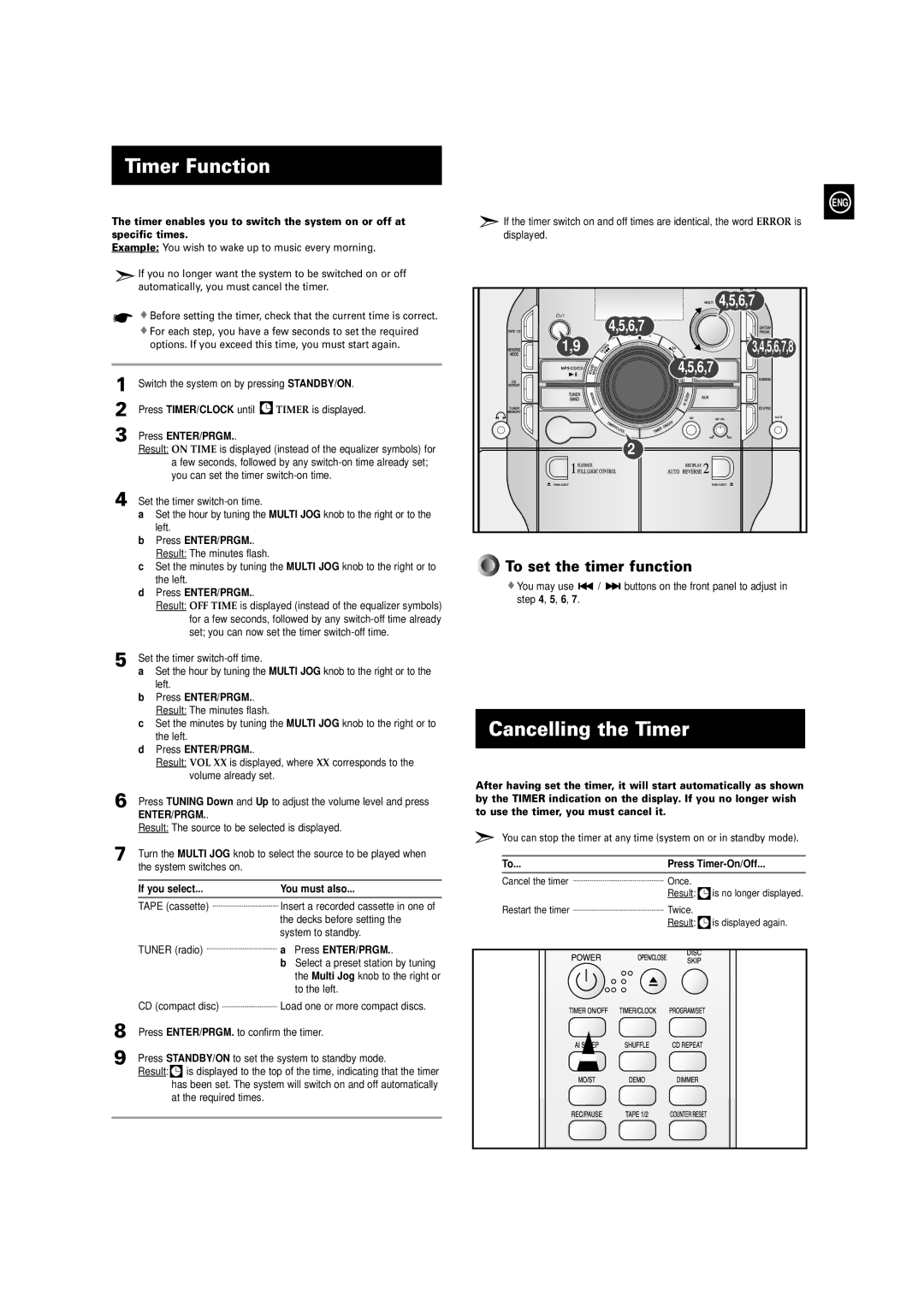 Samsung MAX-X66R/EDC manual Timer Function, Cancelling the Timer, If you select You must also 