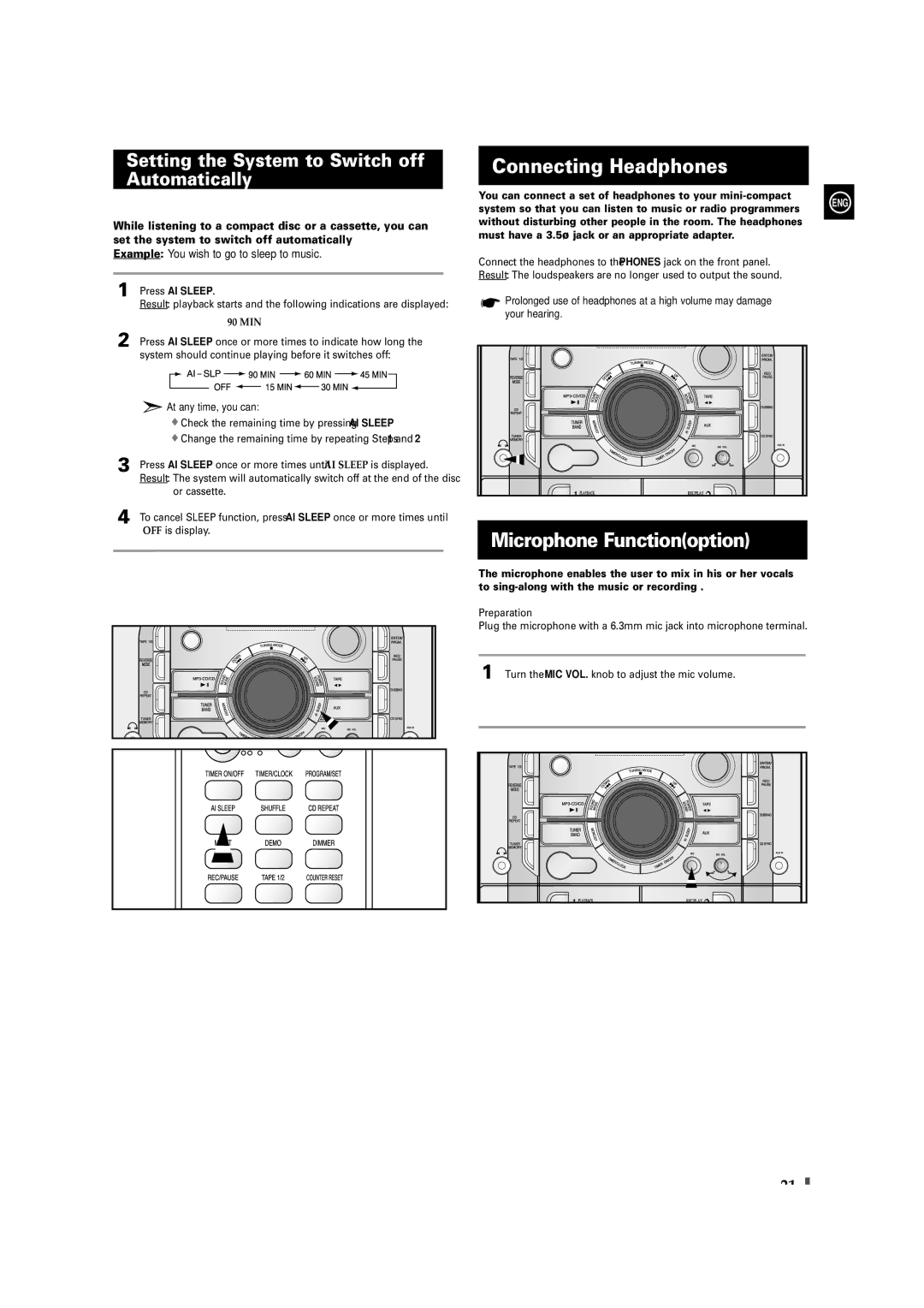 Samsung MAX-X66R/EDC Connecting Headphones, Microphone Functionoption, Setting the System to Switch off Automatically 