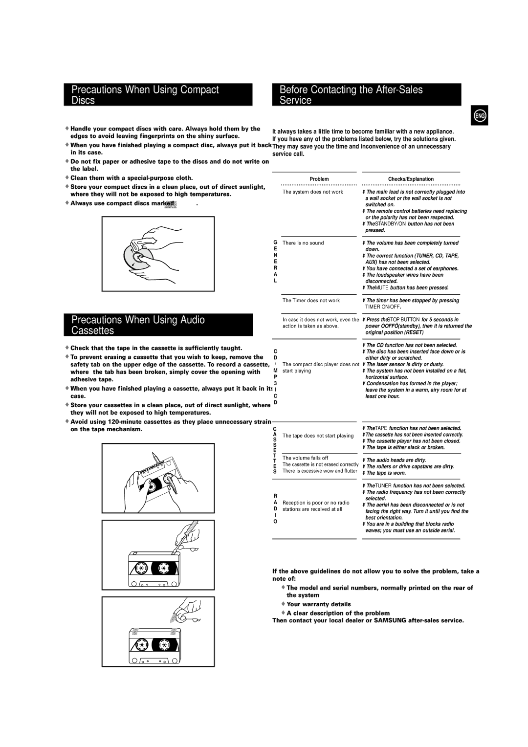 Samsung MAX-X66R/EDC manual Precautions When Using Compact Discs, Before Contacting the After-Sales Service 