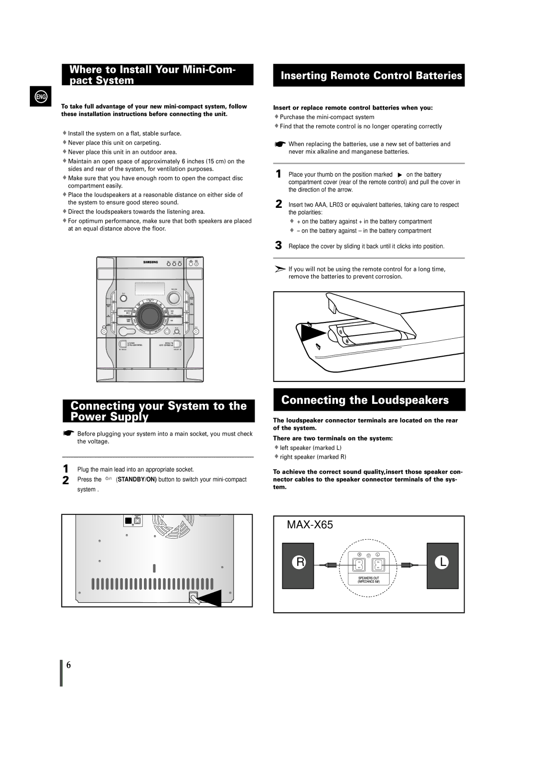 Samsung MAX-X66R/EDC manual Connecting your System to the Power Supply, Connecting the Loudspeakers 