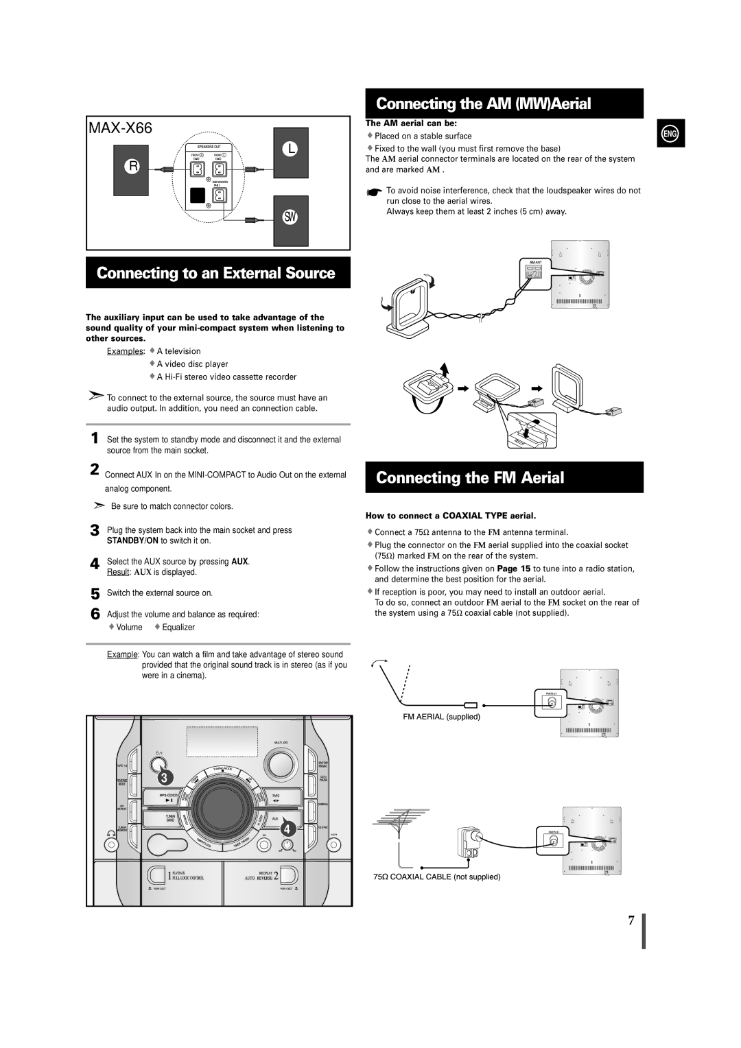 Samsung MAX-X66R/EDC manual Connecting the AM MWAerial, Connecting to an External Source, Connecting the FM Aerial 