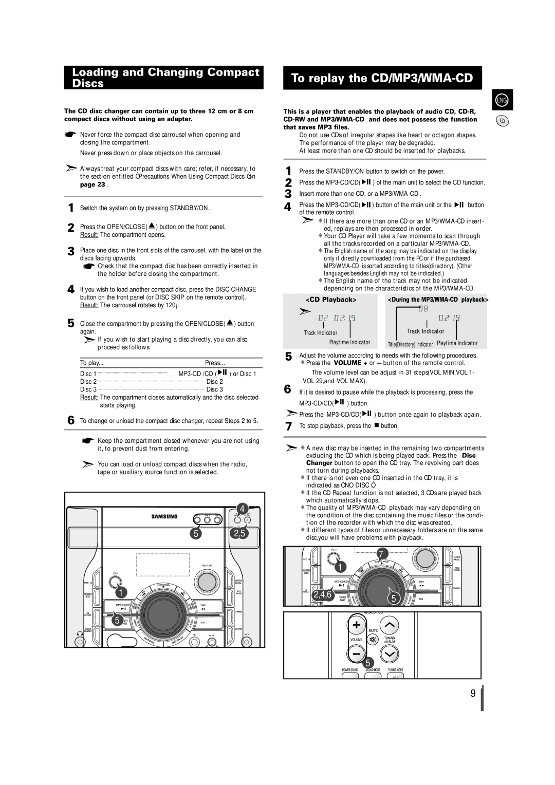 Samsung MAX-X66R/EDC manual To replay the CD/MP3/WMA-CD, Loading and Changing Compact Discs, To play, MP3-CD/CD button 