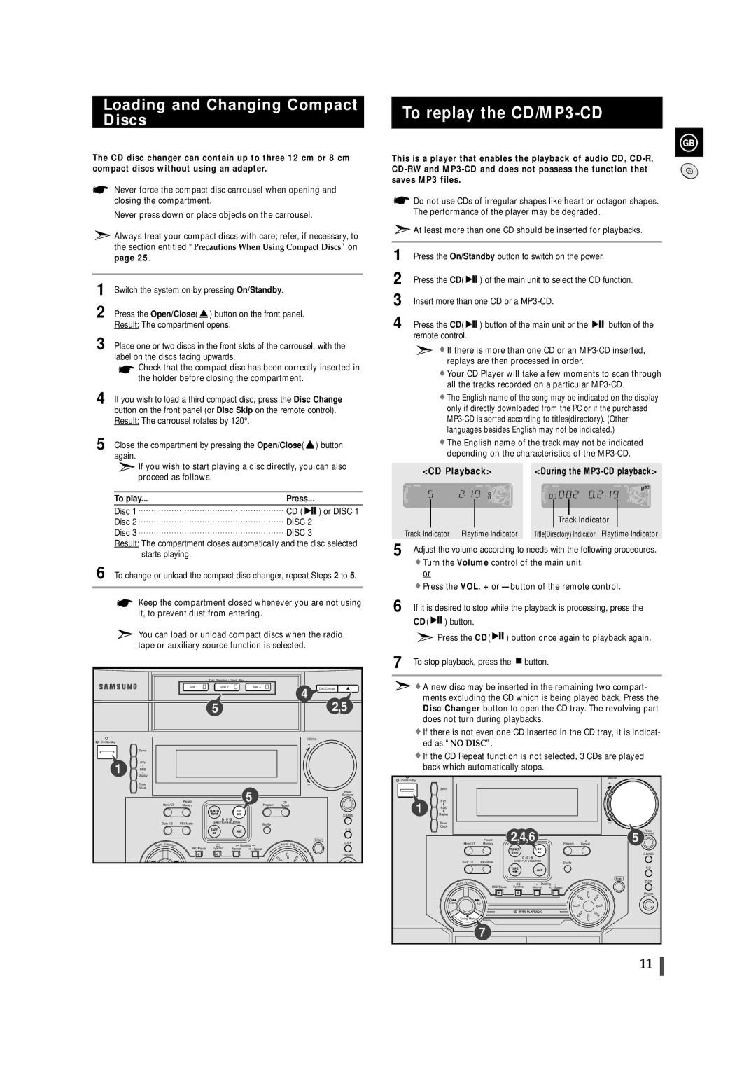 Samsung MAX-ZL65GBR To replay the CD/MP3-CD, Loading and Changing Compact Discs, To play, Track Indicator 