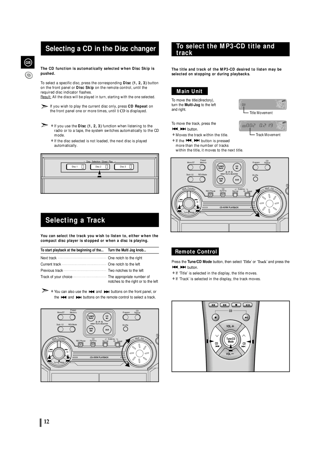 Samsung MAX-ZL65GBR Selecting a CD in the Disc changer, Selecting a Track, To select the MP3-CD title and track 