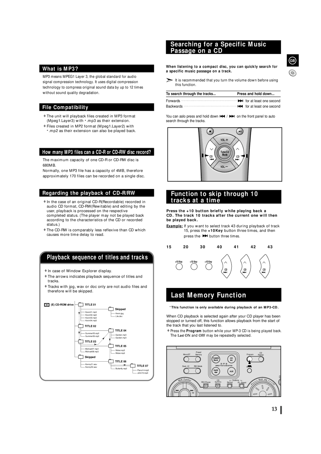 Samsung MAX-ZL65GBR instruction manual Last Memory Function, Searching for a Specific Music Passage on a CD 