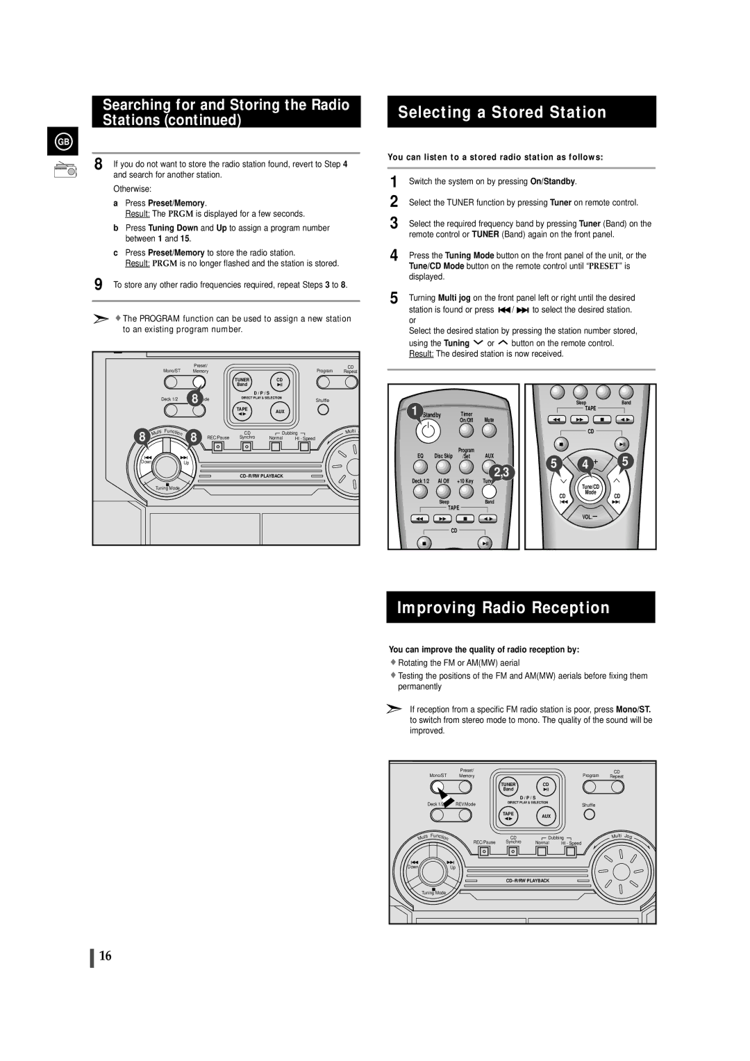 Samsung MAX-ZL65GBR instruction manual Selecting a Stored Station, Improving Radio Reception, Press Preset/Memory 