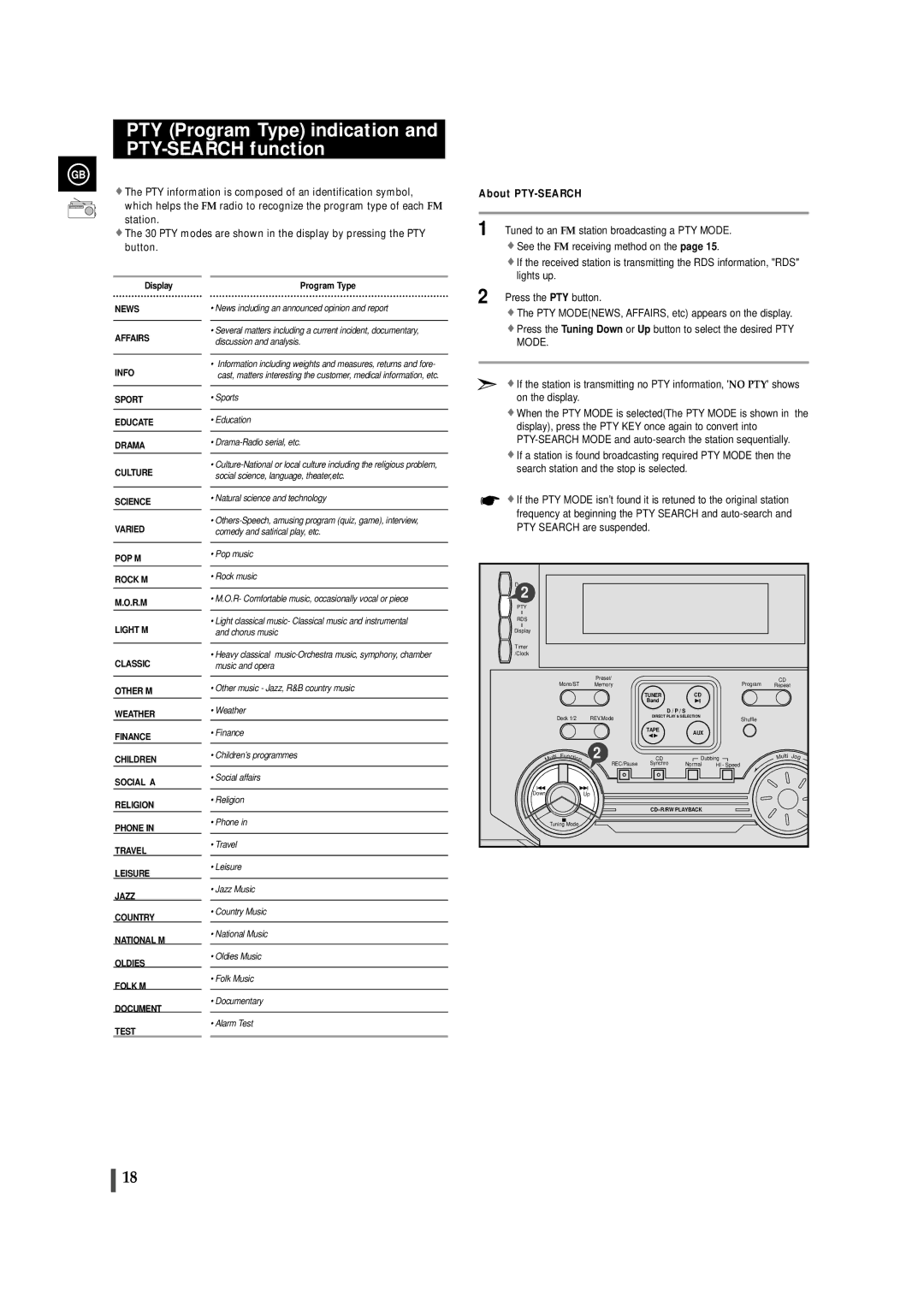 Samsung MAX-ZL65GBR instruction manual PTY Program Type indication and PTY-SEARCH function, About PTY-SEARCH 