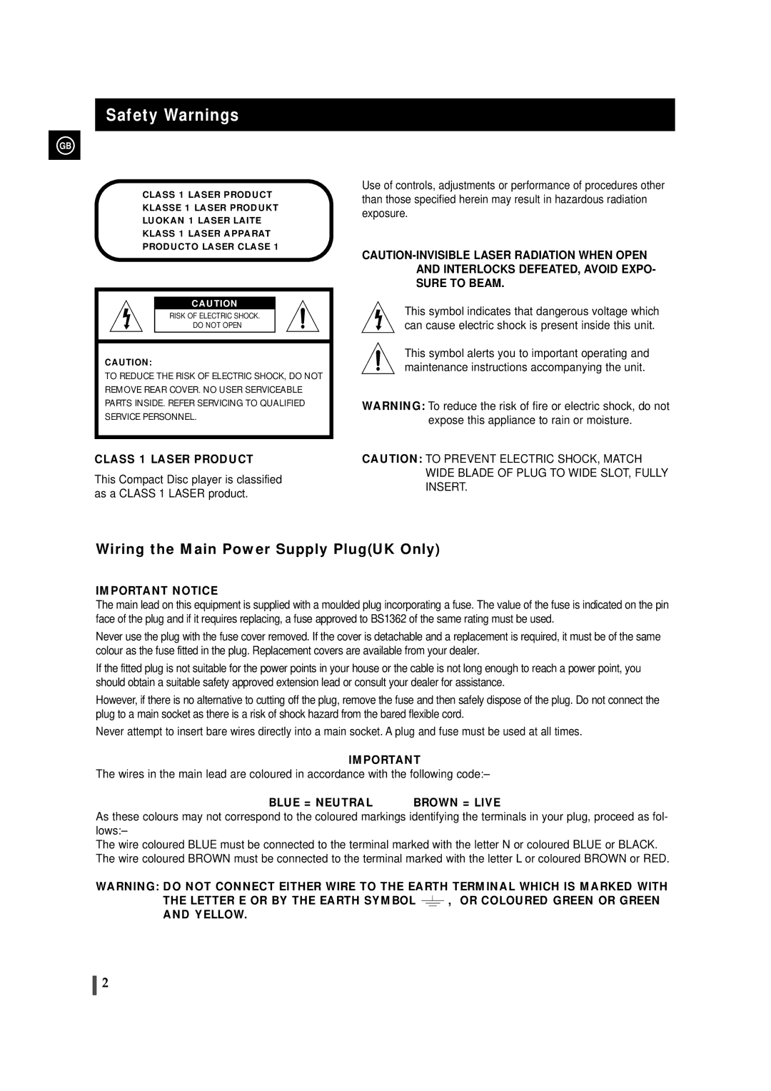 Samsung MAX-ZL65GBR instruction manual Safety Warnings, Class 1 Laser Product 