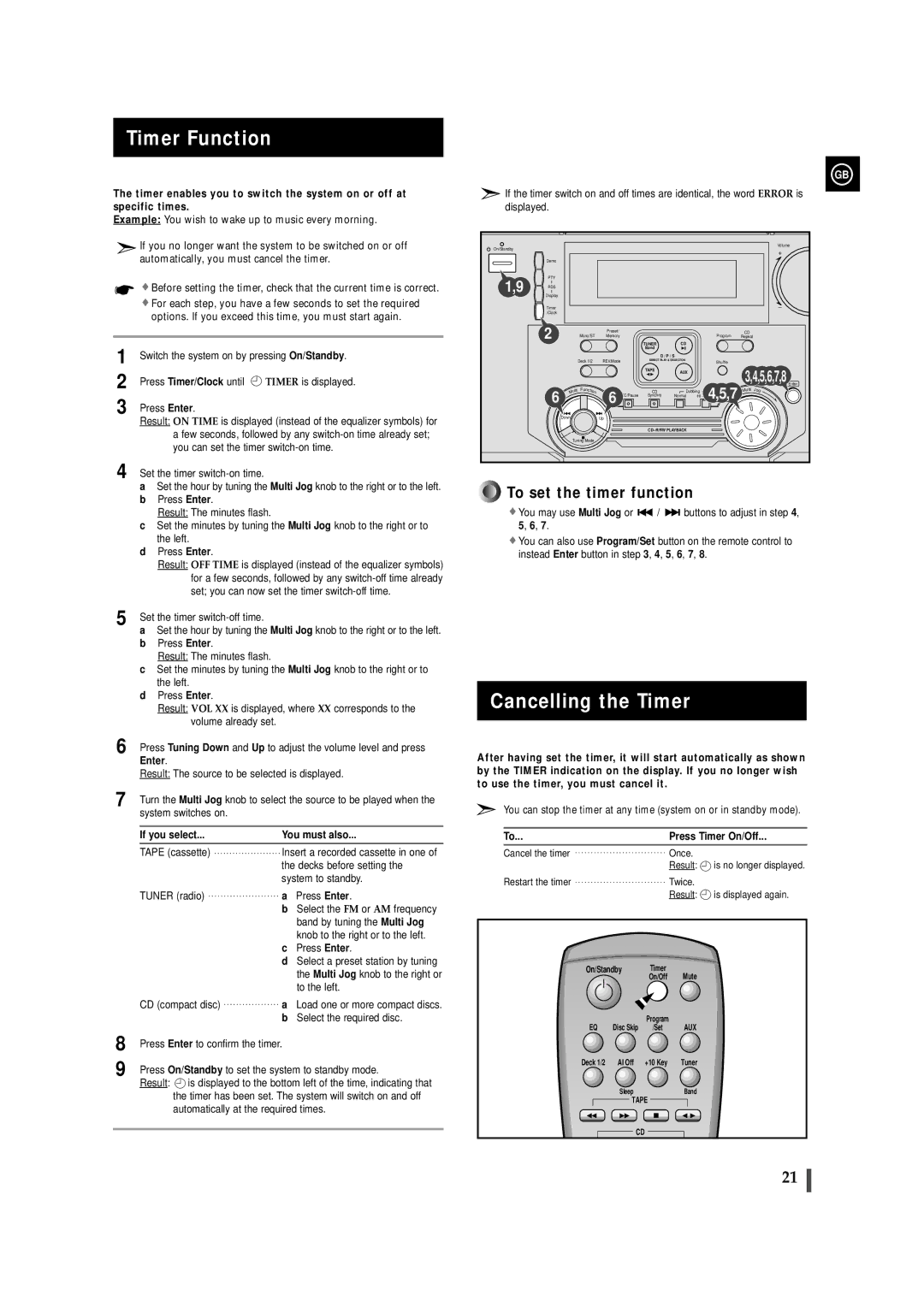 Samsung MAX-ZL65GBR instruction manual Timer Function, Cancelling the Timer 