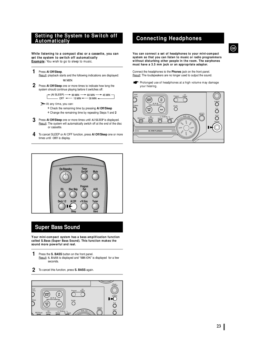 Samsung MAX-ZL65GBR Connecting Headphones, Super Bass Sound, Setting the System to Switch off Automatically 