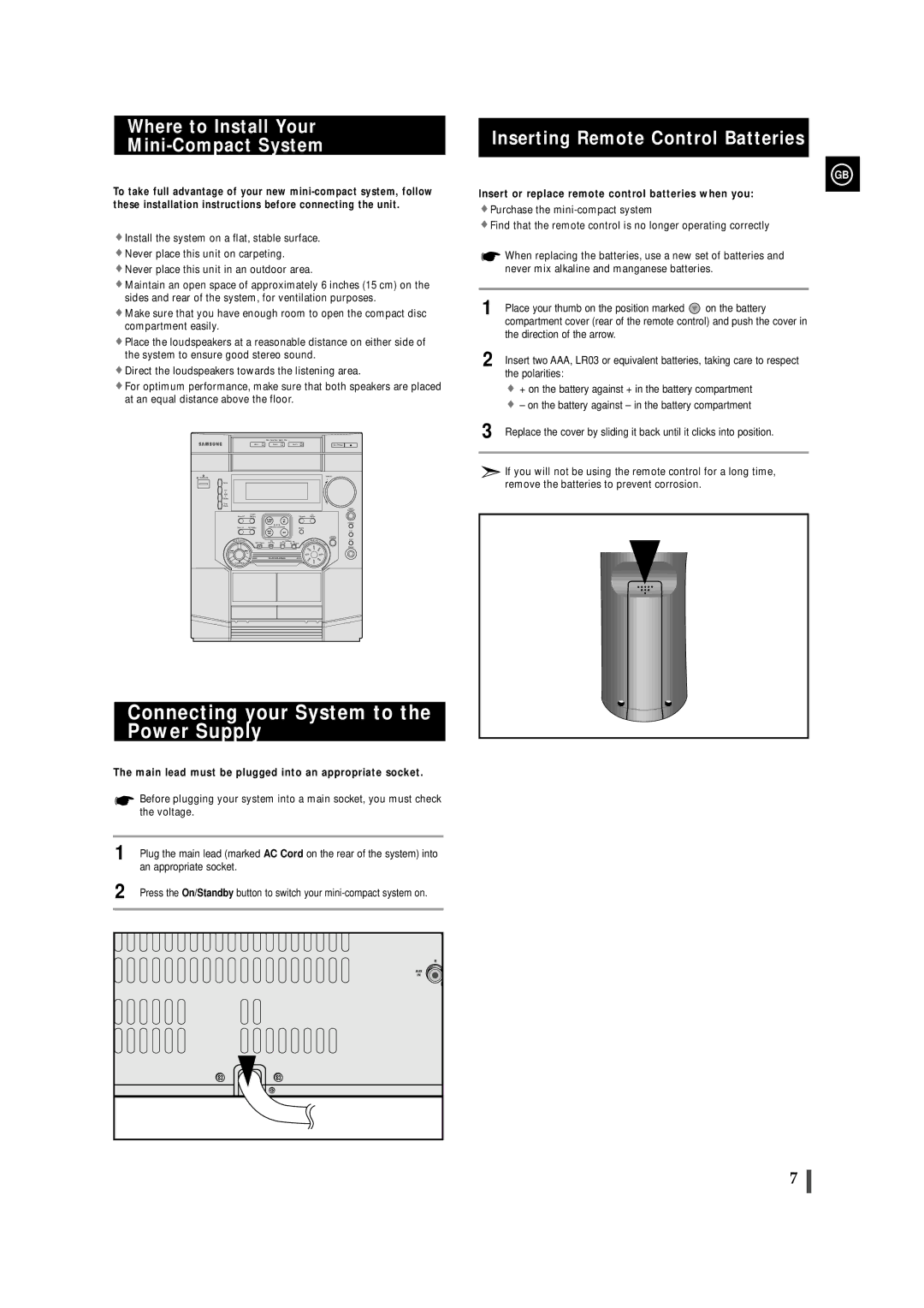 Samsung MAX-ZL65GBR Connecting your System to the Power Supply, Where to Install Your Mini-Compact System 