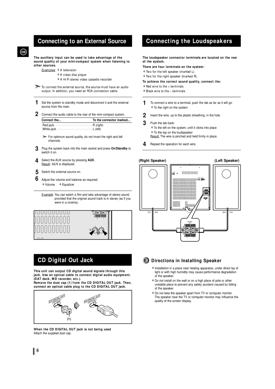 Samsung MAX-ZL65GBR instruction manual Connecting to an External Source, CD Digital Out Jack, Connecting the Loudspeakers 