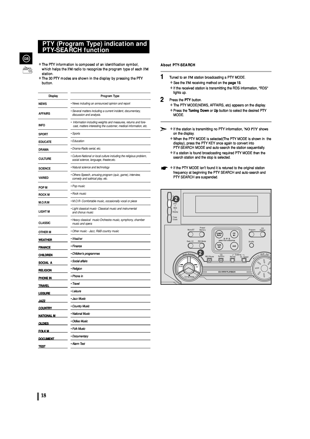 Samsung MAX-ZL65GBR instruction manual PTY Program Type indication and PTY-SEARCH function, About PTY-SEARCH 