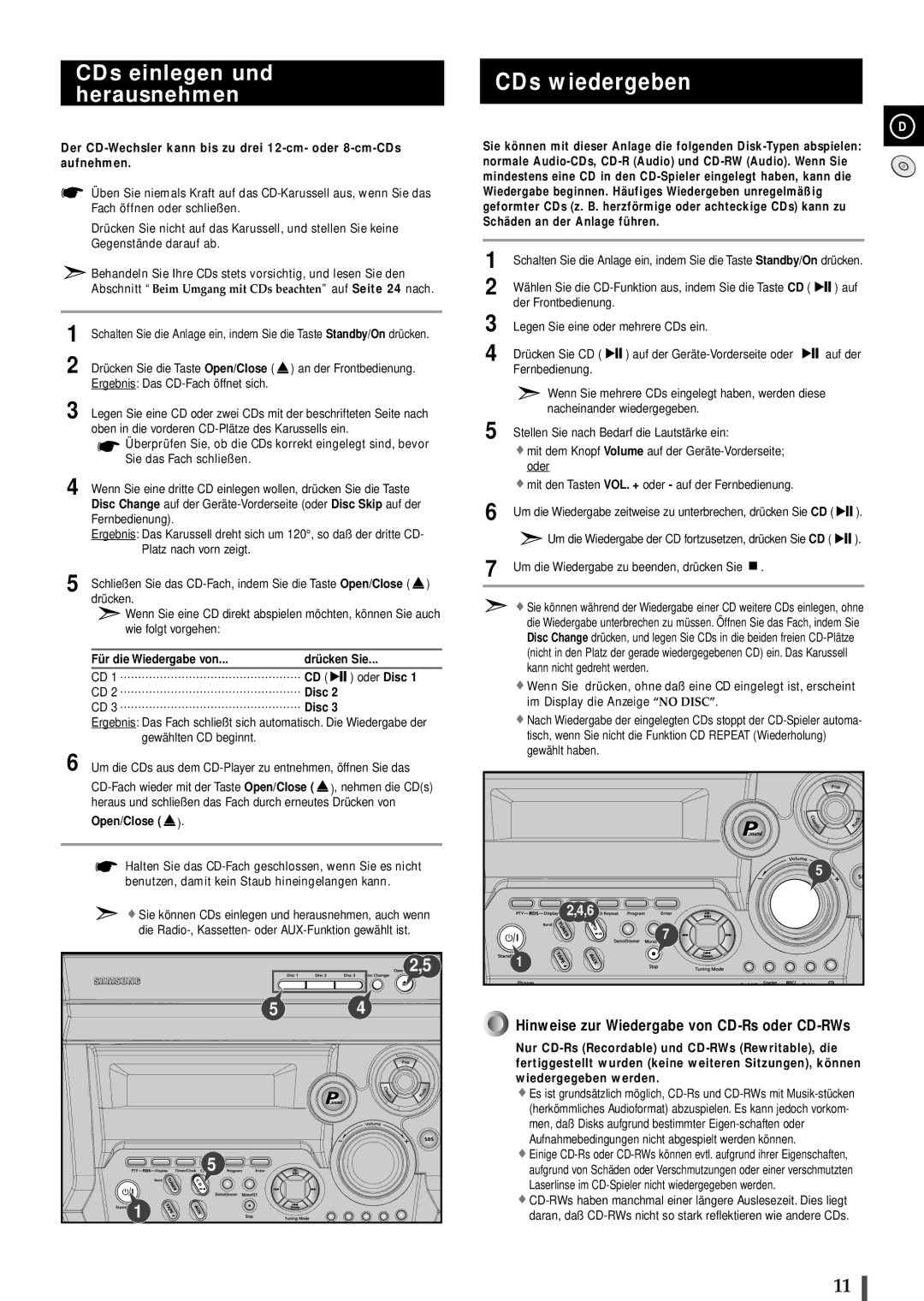 Samsung MAXB450RH/ELS manual CDs wiedergeben, CDs einlegen und herausnehmen, Für die Wiedergabe von Drücken Sie Oder Disc 