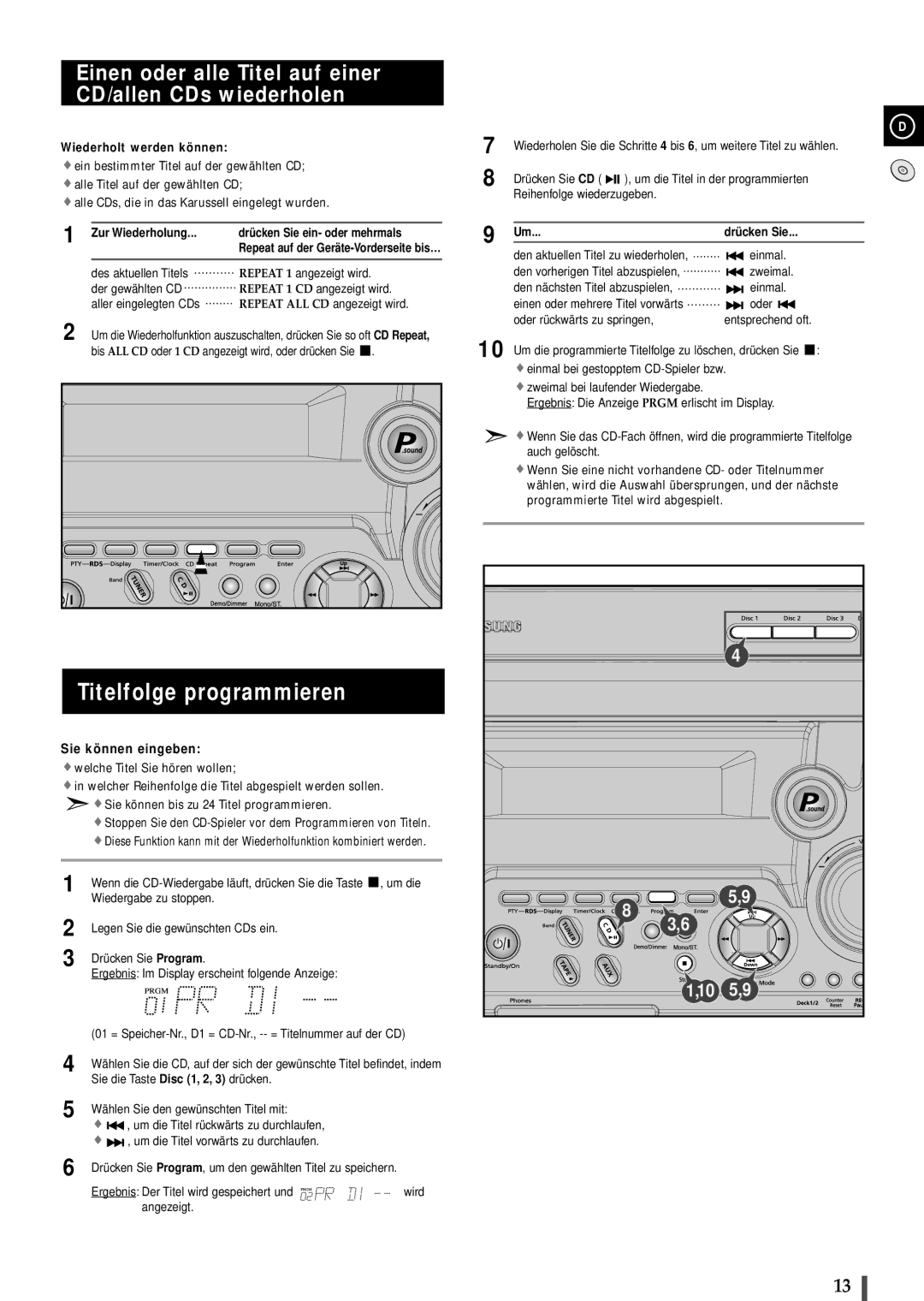 Samsung MAXB450RH/ELS, MAXB420RH/ELS Titelfolge programmieren, Einen oder alle Titel auf einer CD/allen CDs wiederholen 