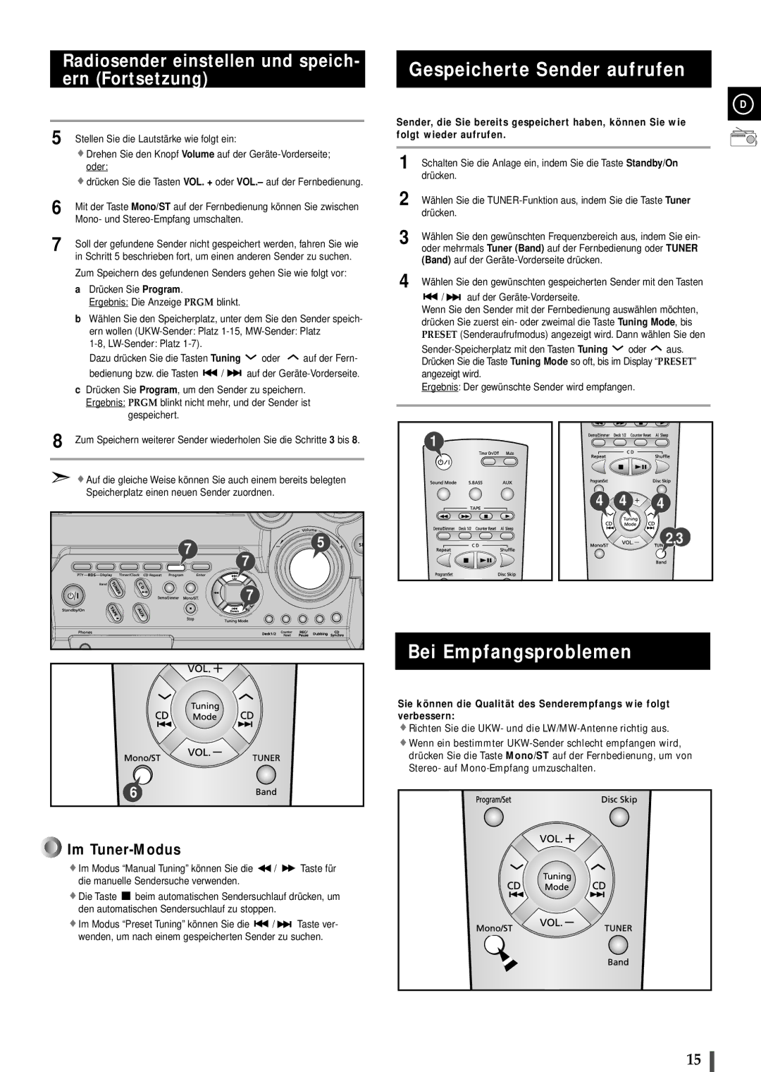 Samsung MAXB450RH/ELS, MAXB420RH/ELS manual Gespeicherte Sender aufrufen, Bei Empfangsproblemen 