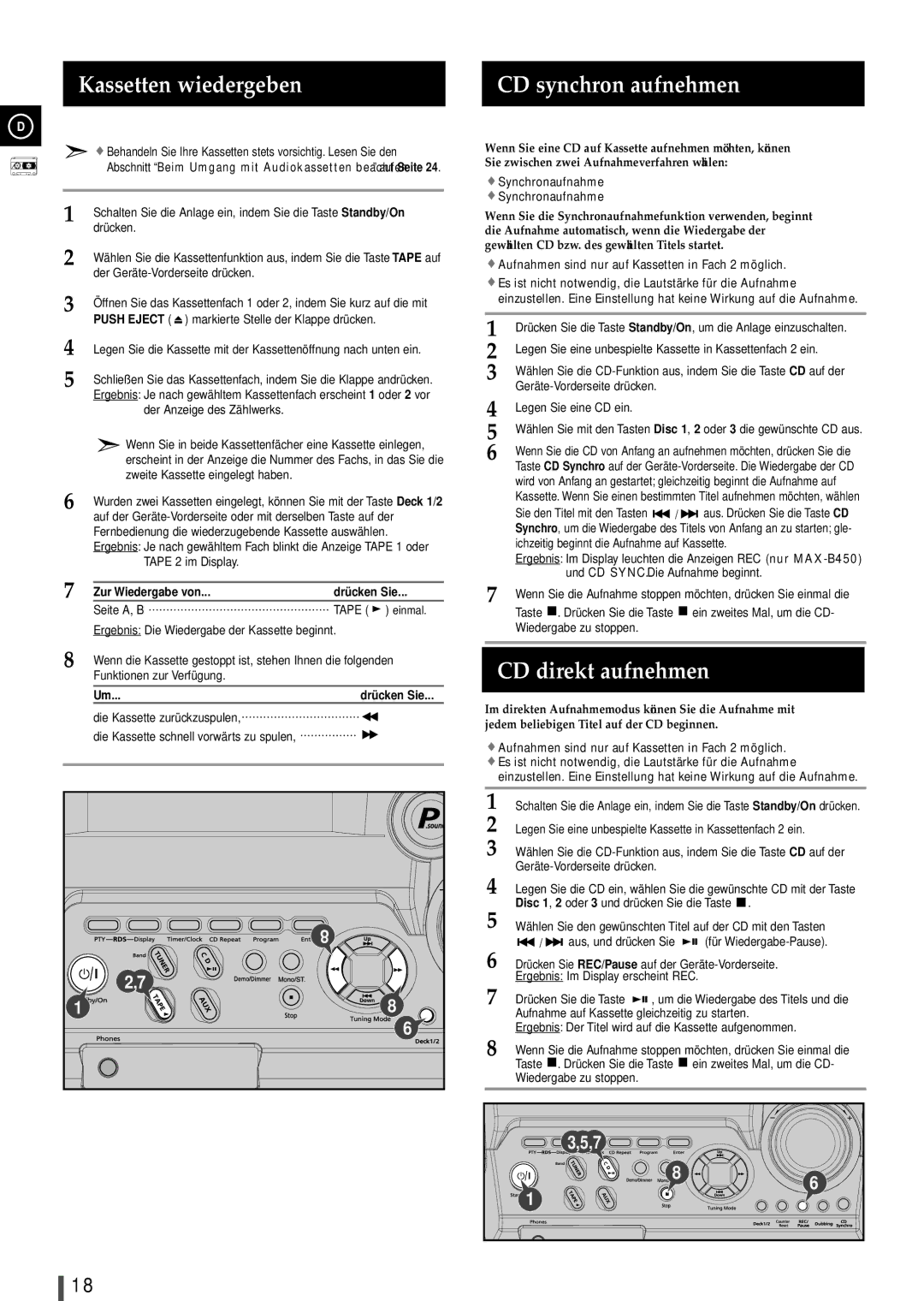 Samsung MAXB420RH/ELS Kassetten wiedergeben, CD synchron aufnehmen, CD direkt aufnehmen, Zur Wiedergabe von Drücken Sie 