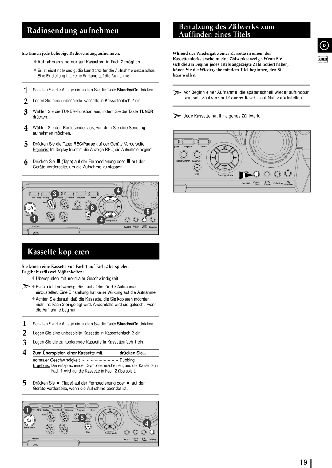 Samsung MAXB450RH/ELS manual Radiosendung aufnehmen, Kassette kopieren, Benutzung des Zählwerks zum Auffinden eines Titels 