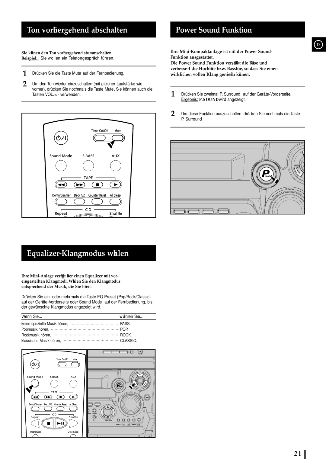 Samsung MAXB450RH/ELS manual Ton vorübergehend abschalten, Equalizer-Klangmodus wählen, Power Sound Funktion, Surround 