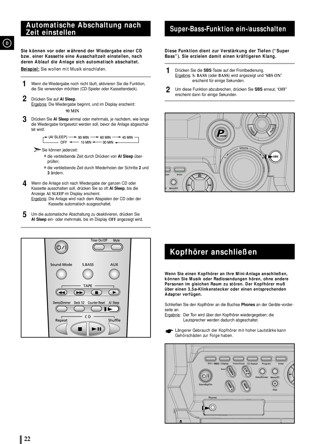 Samsung MAXB420RH/ELS, MAXB450RH/ELS manual Kopfhörer anschließen, Automatische Abschaltung nach Zeit einstellen 