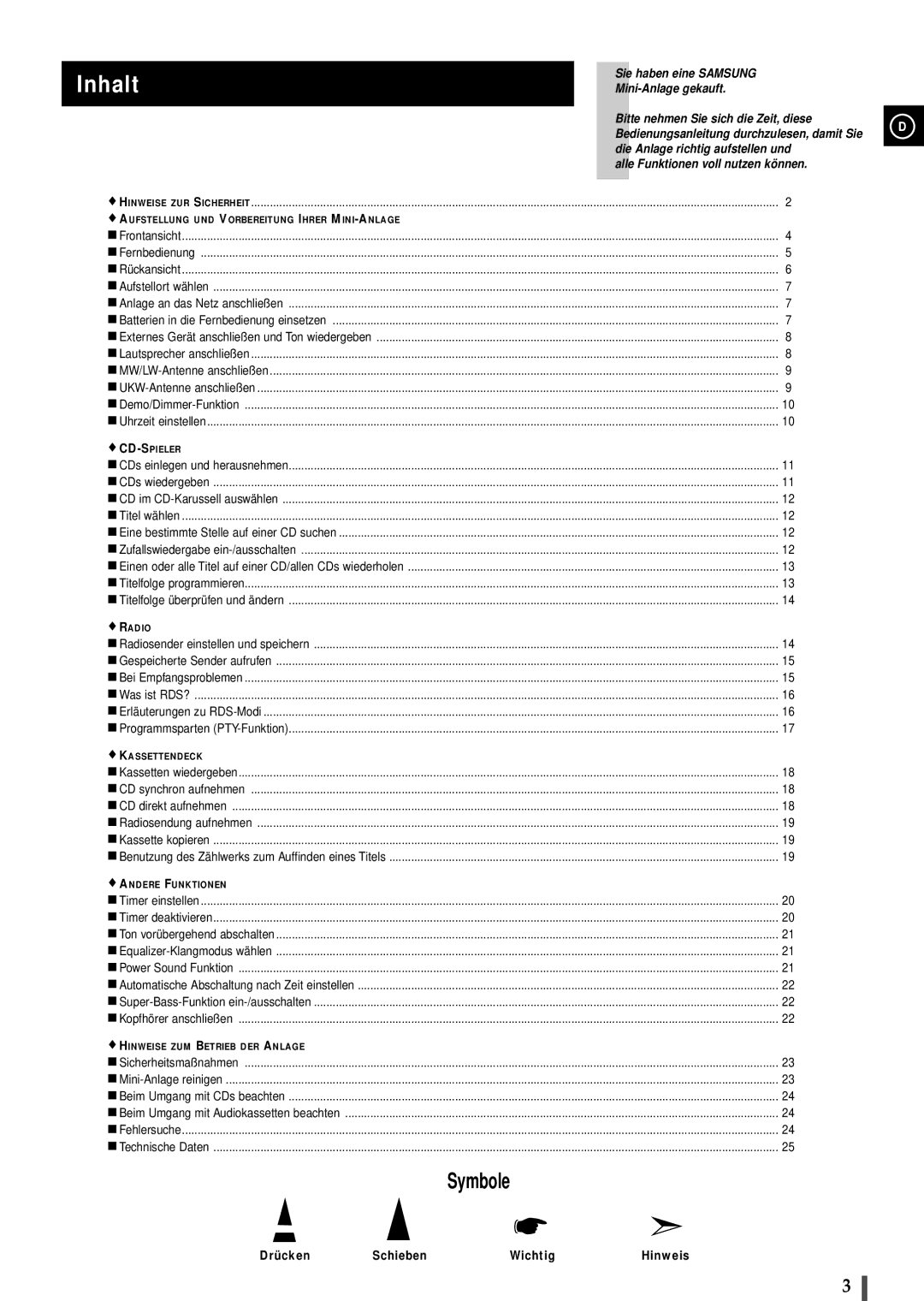 Samsung MAXB450RH/ELS, MAXB420RH/ELS manual Inhalt, Drücken Schieben Wichtig Hinweis 