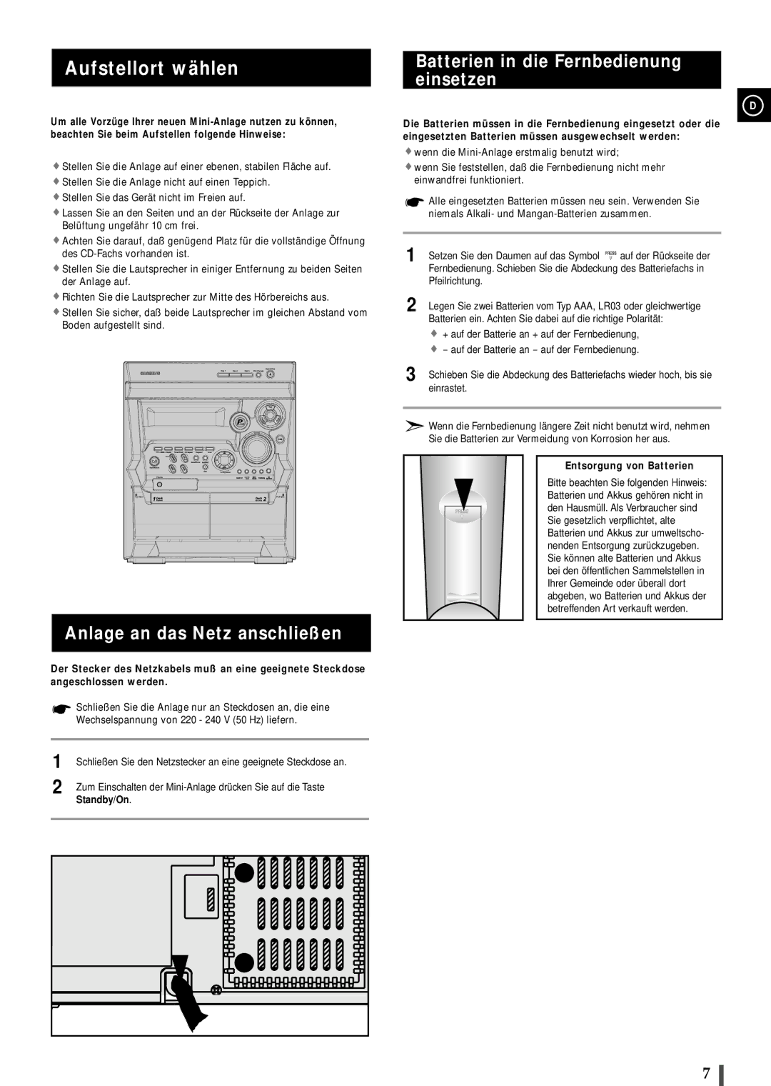 Samsung MAXB450RH/ELS manual Aufstellort wählen, Anlage an das Netz anschließen, Batterien in die Fernbedienung einsetzen 