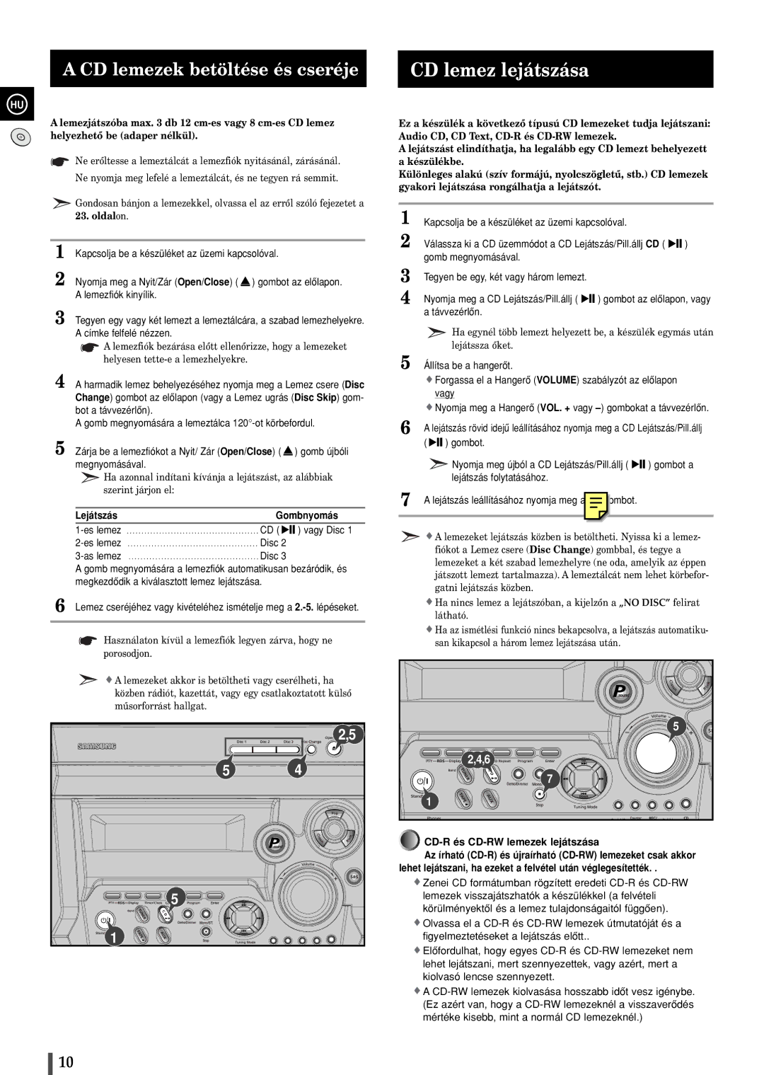 Samsung MAXB420RH/ELS, MAXB450RH/ELS manual CD lemez lejátszása, CD lemezek betöltése és cseréje, Lejátszás Gombnyomás 