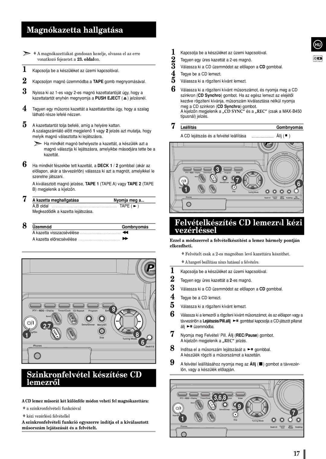 Samsung MAXB450RH/ELS, MAXB420RH/ELS manual Magnókazetta hallgatása, Szinkronfelvétel készítése CD lemezrôl 