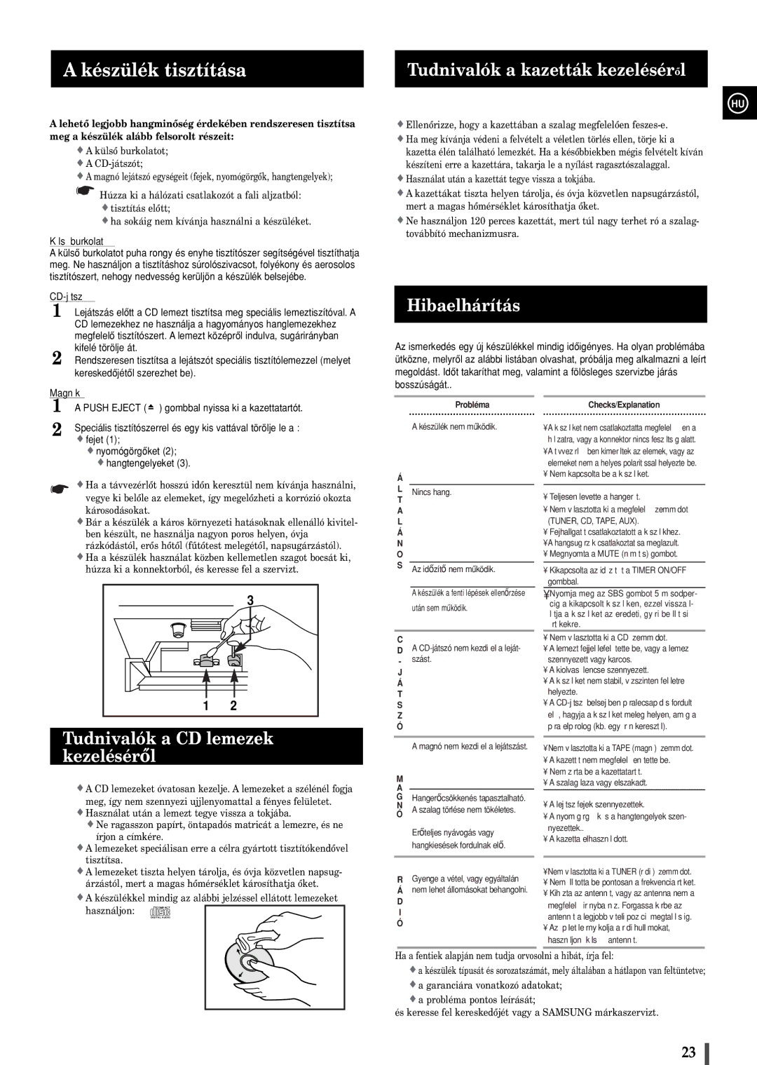 Samsung MAXB450RH/ELS manual Készülék tisztítása, Tudnivalók a CD lemezek kezelésérôl, Tudnivalók a kazetták kezelésérôl 