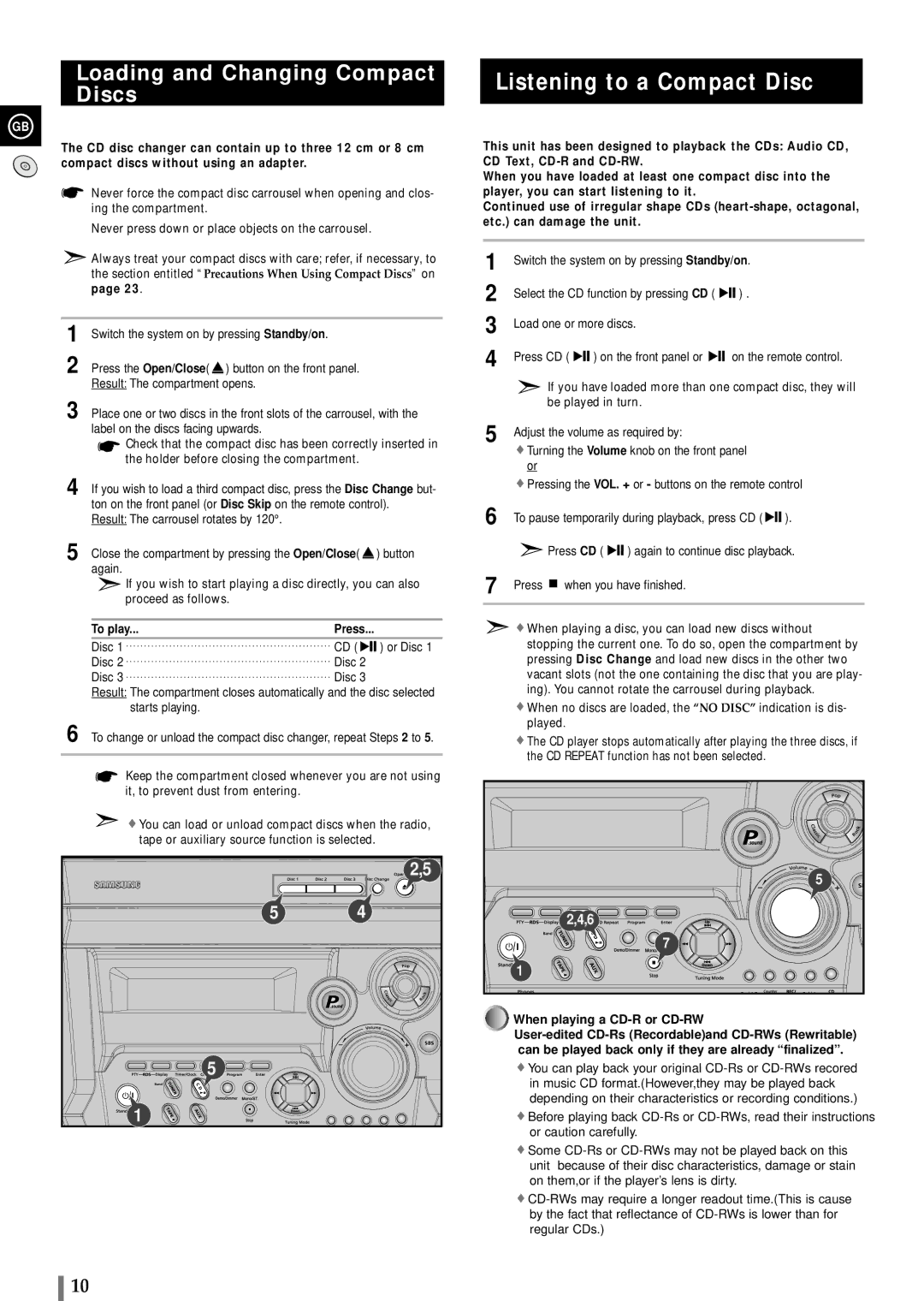 Samsung MAXB450RH/XEF, MAXB420RH/ELS manual Listening to a Compact Disc, Loading and Changing Compact Discs, To play 