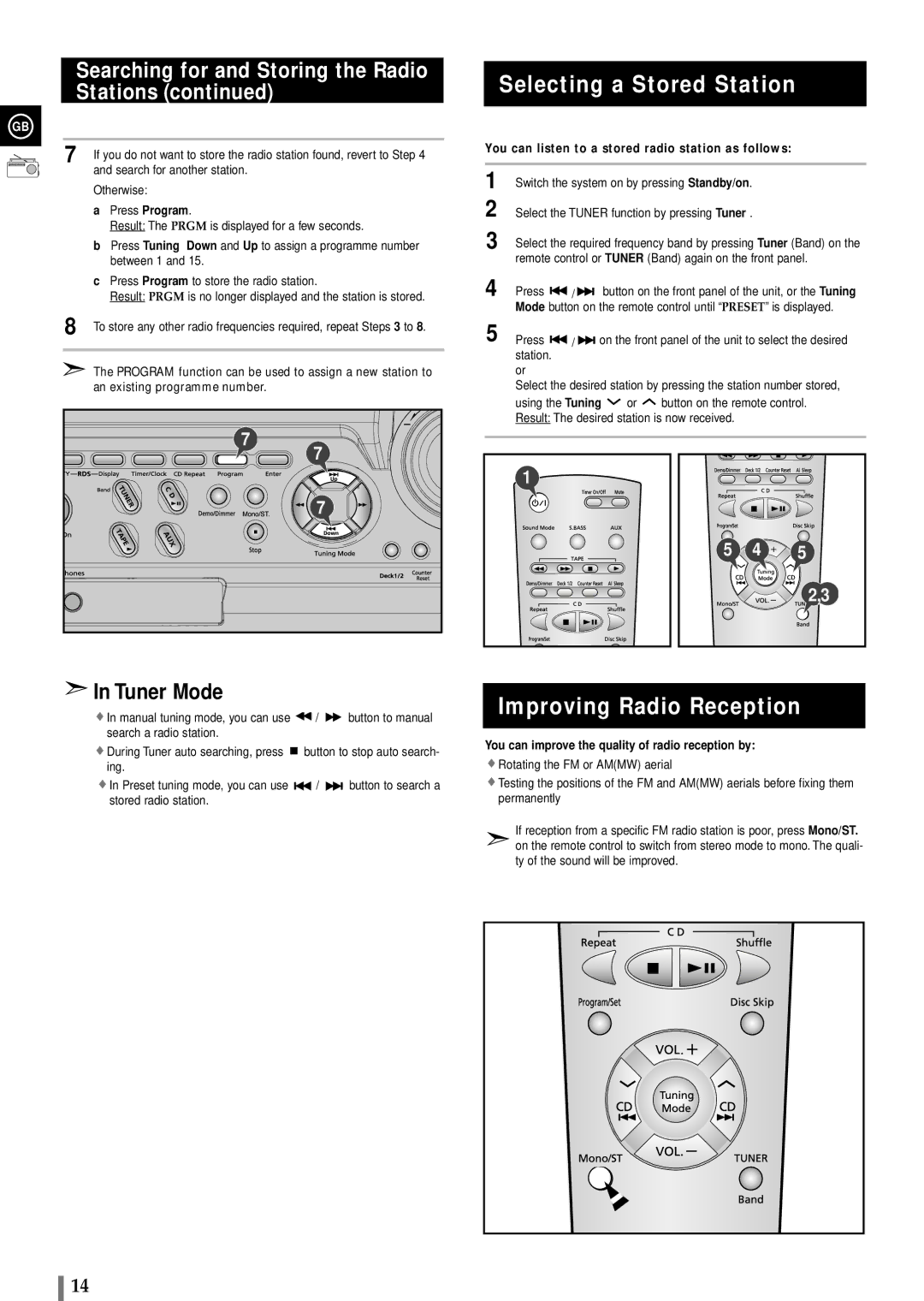 Samsung MAXB450RH/ELS, MAXB450RH/XEF, MAXB420RH/ELS, MAXB420RH/XEF Selecting a Stored Station, Improving Radio Reception 