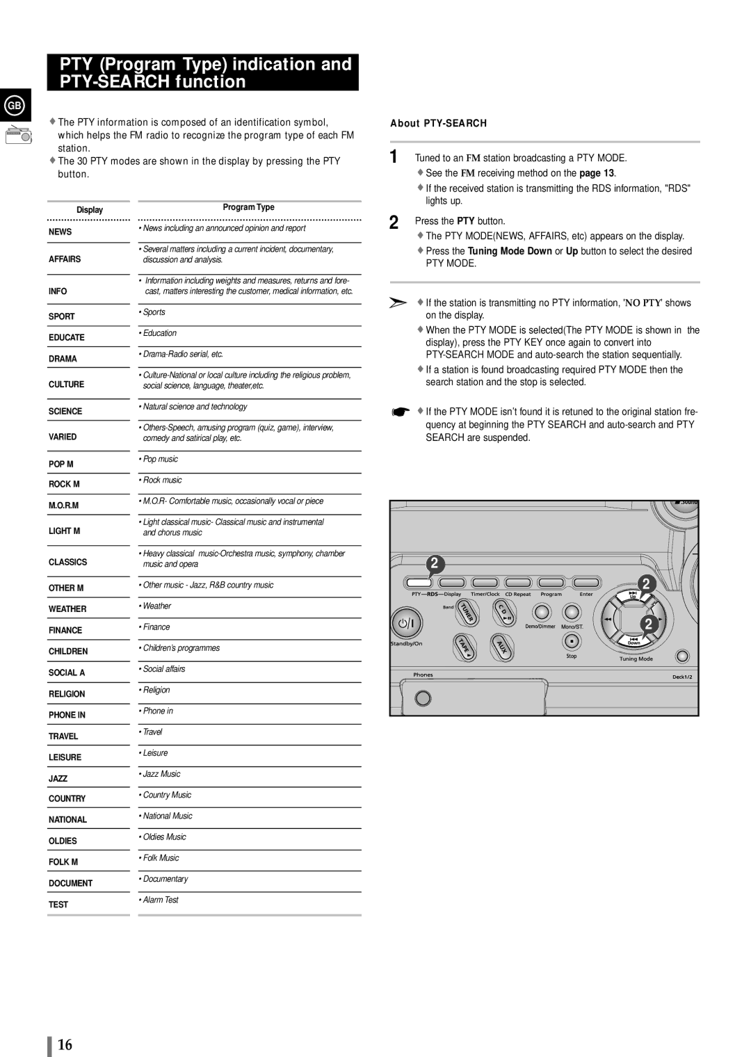 Samsung MAXB420RH/ELS, MAXB450RH/XEF, MAXB420RH/XEF PTY Program Type indication and PTY-SEARCH function, About PTY-SEARCH 