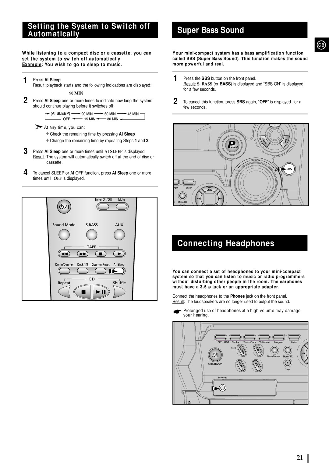 Samsung MAXB420RH/ELS manual Super Bass Sound, Connecting Headphones, Setting the System to Switch off Automatically 