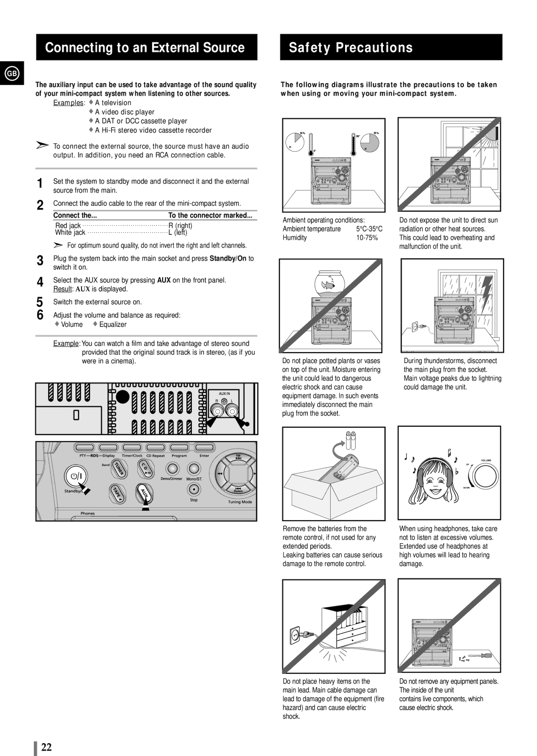 Samsung MAXB450RH/XEF, MAXB420RH/ELS, MAXB420RH/XEF, MAXB450RH/ELS Connecting to an External Source Safety Precautions 