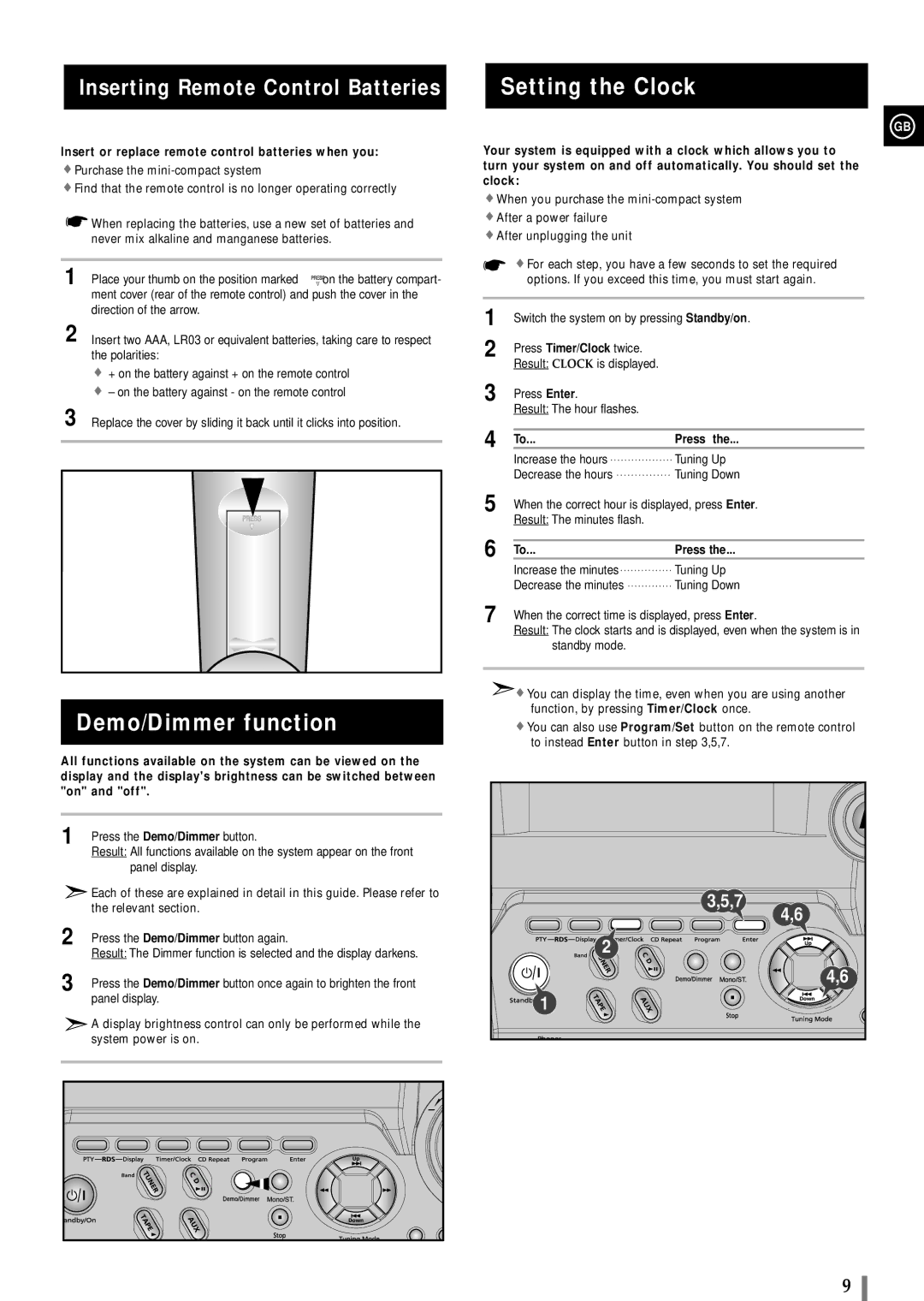 Samsung MAXB450RH/ELS, MAXB450RH/XEF Demo/Dimmer function, Setting the Clock, Inserting Remote Control Batteries, Press 