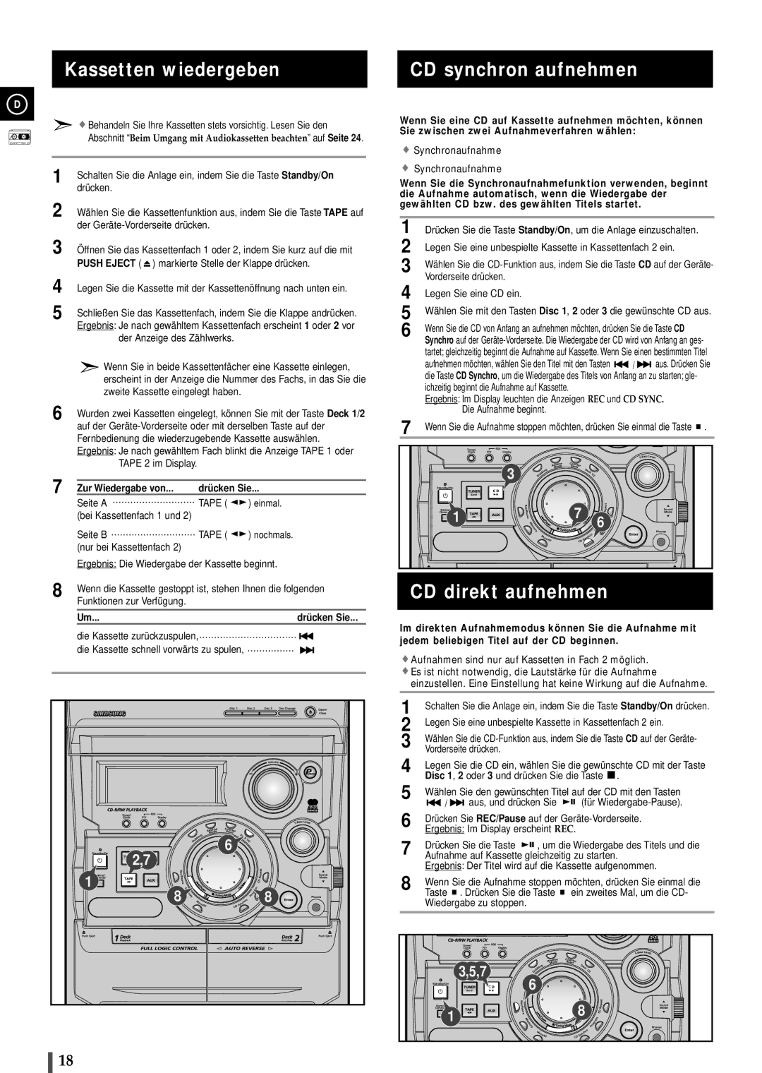 Samsung MAXB550RH/ELS Kassetten wiedergeben, CD synchron aufnehmen, CD direkt aufnehmen, Zur Wiedergabe von Drücken Sie 