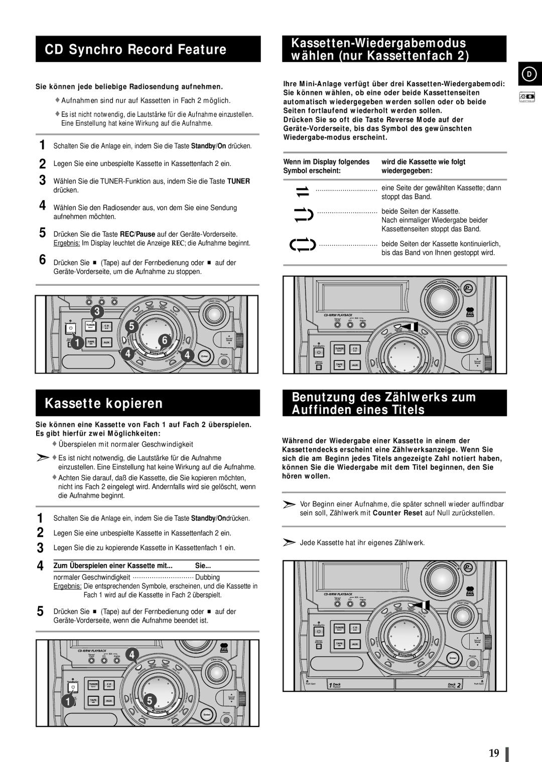 Samsung MAXB550RH/ELS CD Synchro Record Feature, Kassette kopieren, Kassetten-Wiedergabemodus wählen nur Kassettenfach 