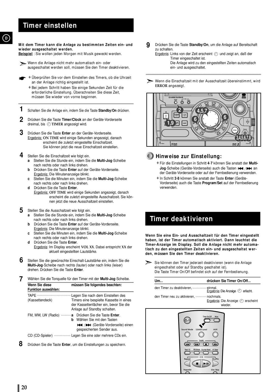 Samsung MAXB550RH/ELS manual Timer einstellen, Timer deaktivieren, Drü cken Sie Timer On/Off 