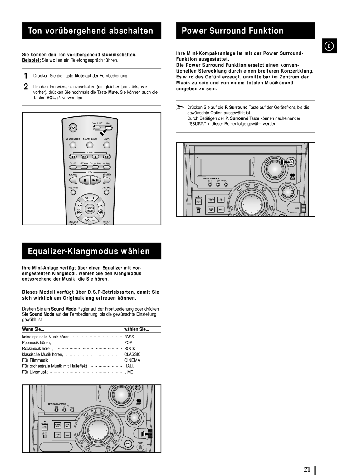 Samsung MAXB550RH/ELS manual Ton vorübergehend abschalten, Equalizer-Klangmodus wählen, Power Surround Funktion 