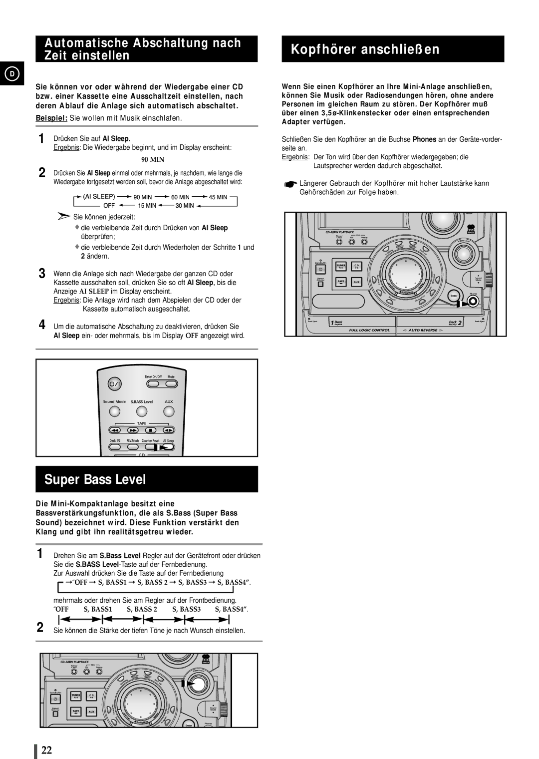 Samsung MAXB550RH/ELS manual Super Bass Level, Kopfhörer anschließen, Automatische Abschaltung nach Zeit einstellen 