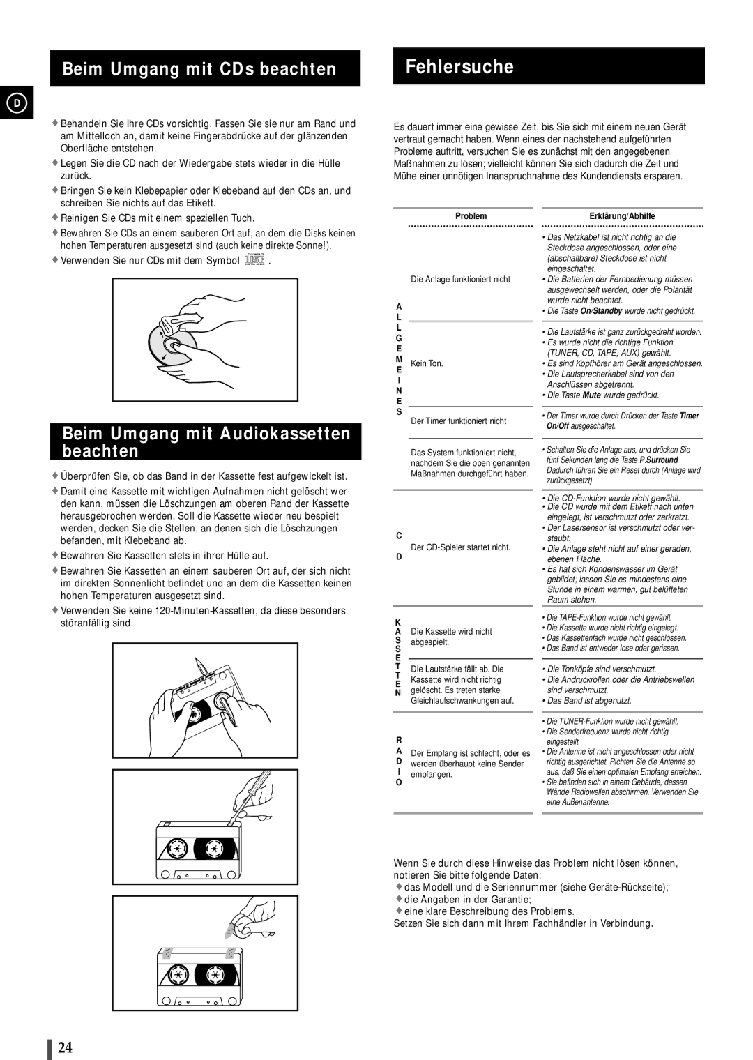 Samsung MAXB550RH/ELS manual Fehlersuche, Beim Umgang mit CDs beachten, Beim Umgang mit Audiokassetten beachten 