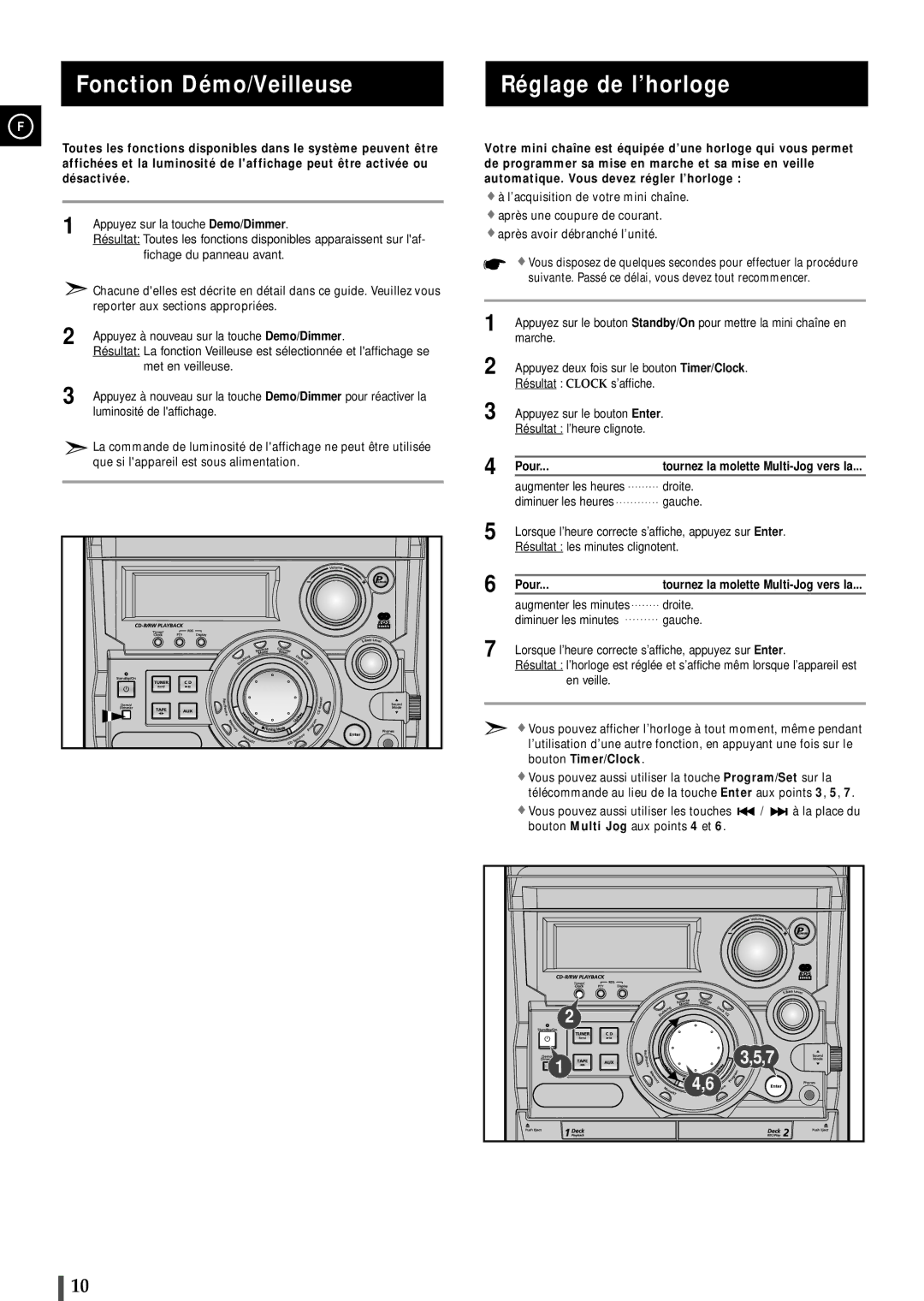 Samsung MAXB570RH/XEF, MAXB550RH/XEF, MAXB550RH/ELS, MAXB570RH/ELS manual Fonction Démo/Veilleuse, Réglage de l’horloge, Pour 