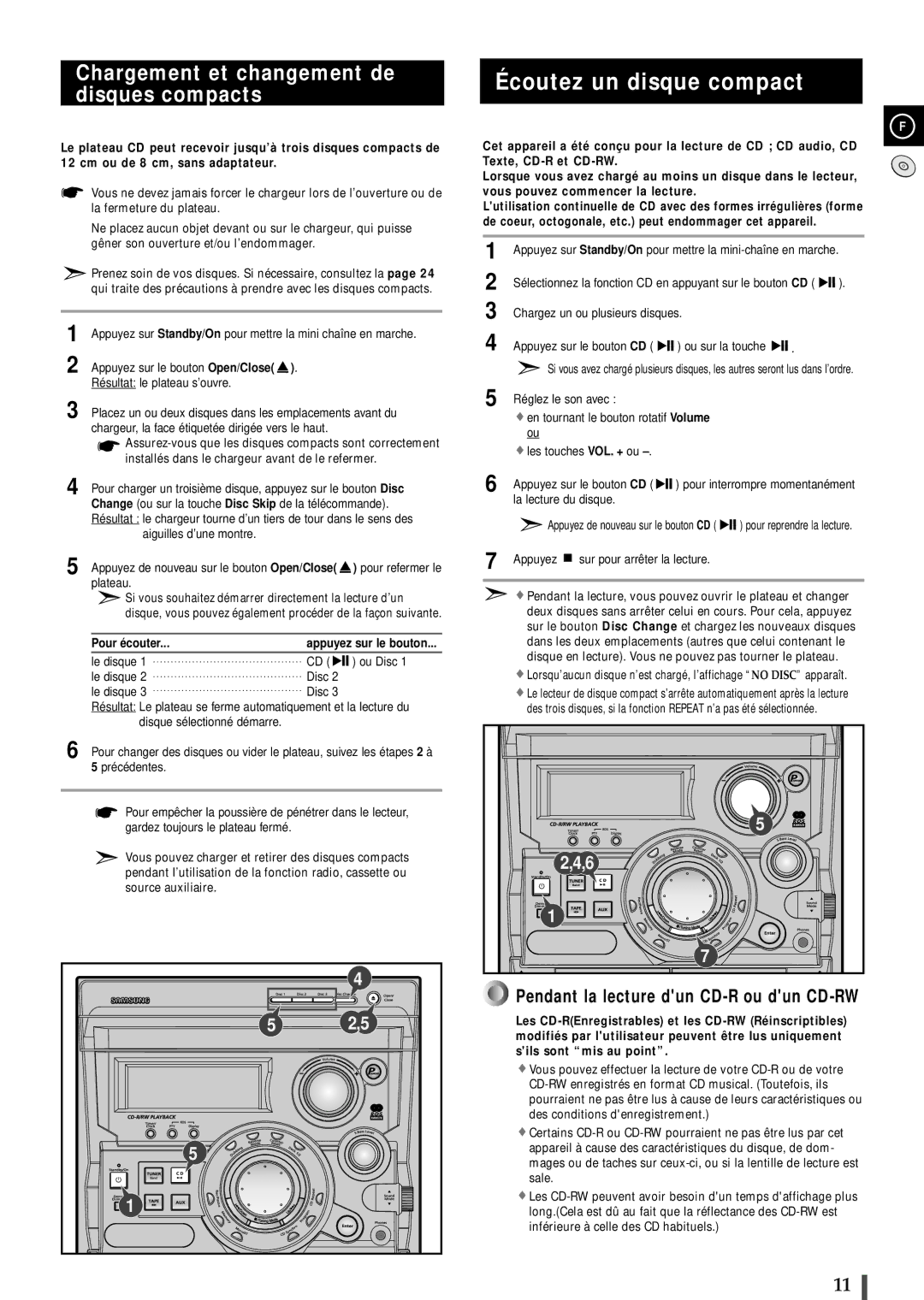 Samsung MAXB570RH/ELS manual Écoutez un disque compact, Chargement et changement de disques compacts, Pour é couter 