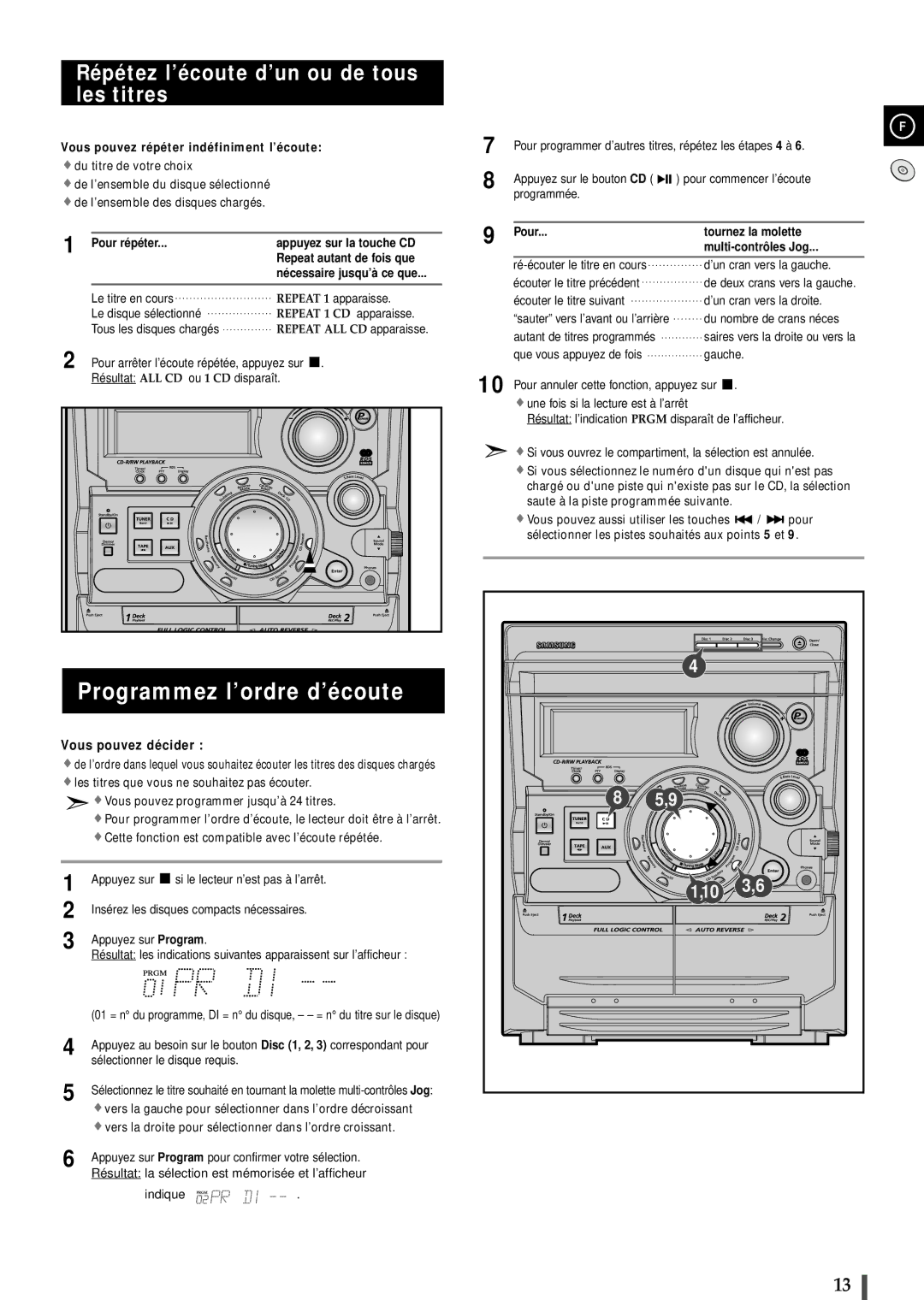 Samsung MAXB550RH/ELS, MAXB550RH/XEF manual Programmez l’ordre d’écoute, Répétez l’écoute d’un ou de tous les titres 