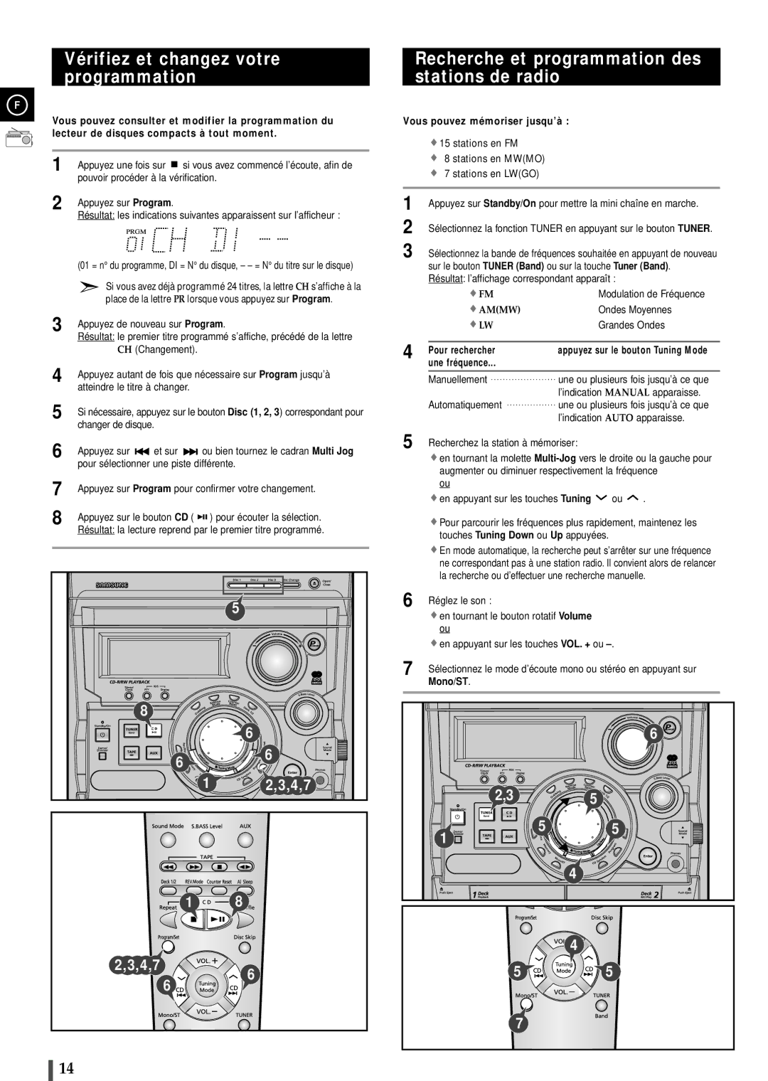 Samsung MAXB570RH/XEF manual Vérifiez et changez votre programmation, Recherche et programmation des stations de radio 