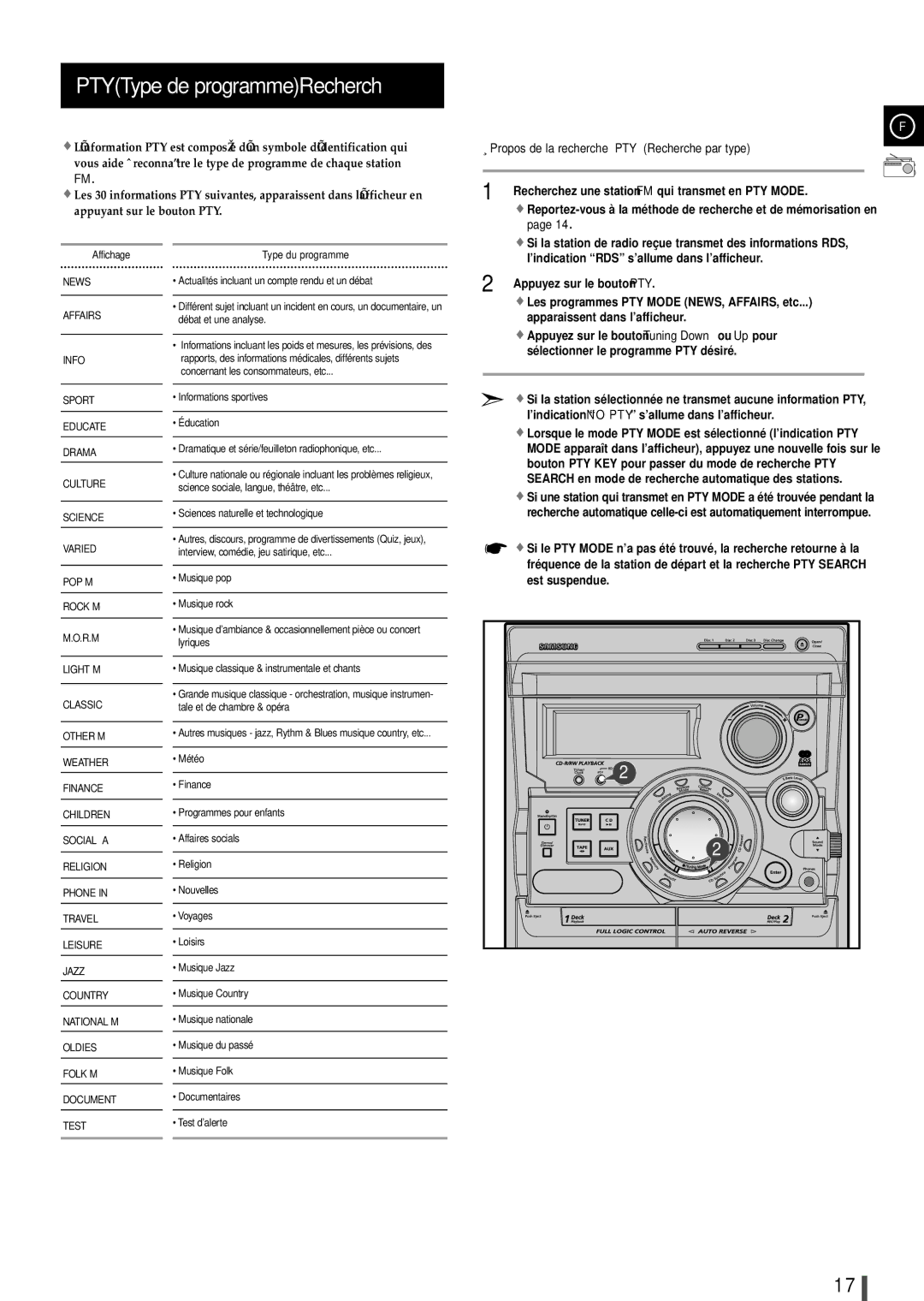 Samsung MAXB550RH/ELS, MAXB550RH/XEF manual PTYType de programmeRecherch, Propos de la recherche PTY Recherche par type 