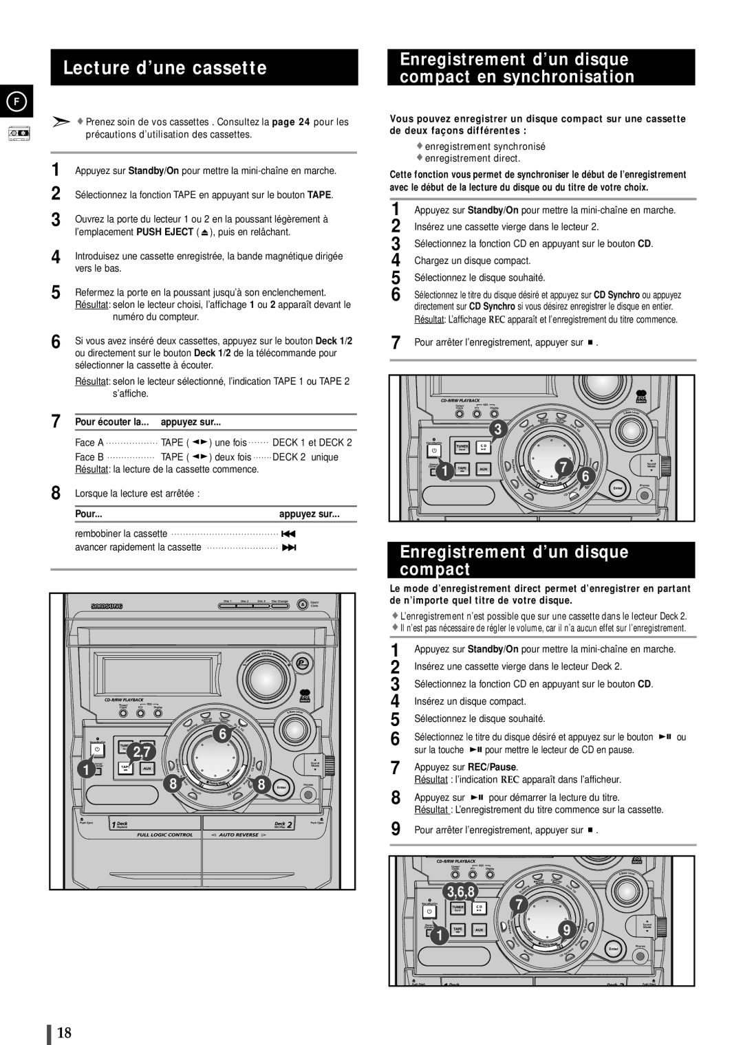 Samsung MAXB570RH/XEF Lecture d’une cassette, Enregistrement d’un disque compact en synchronisation, Pour Appuyez sur 