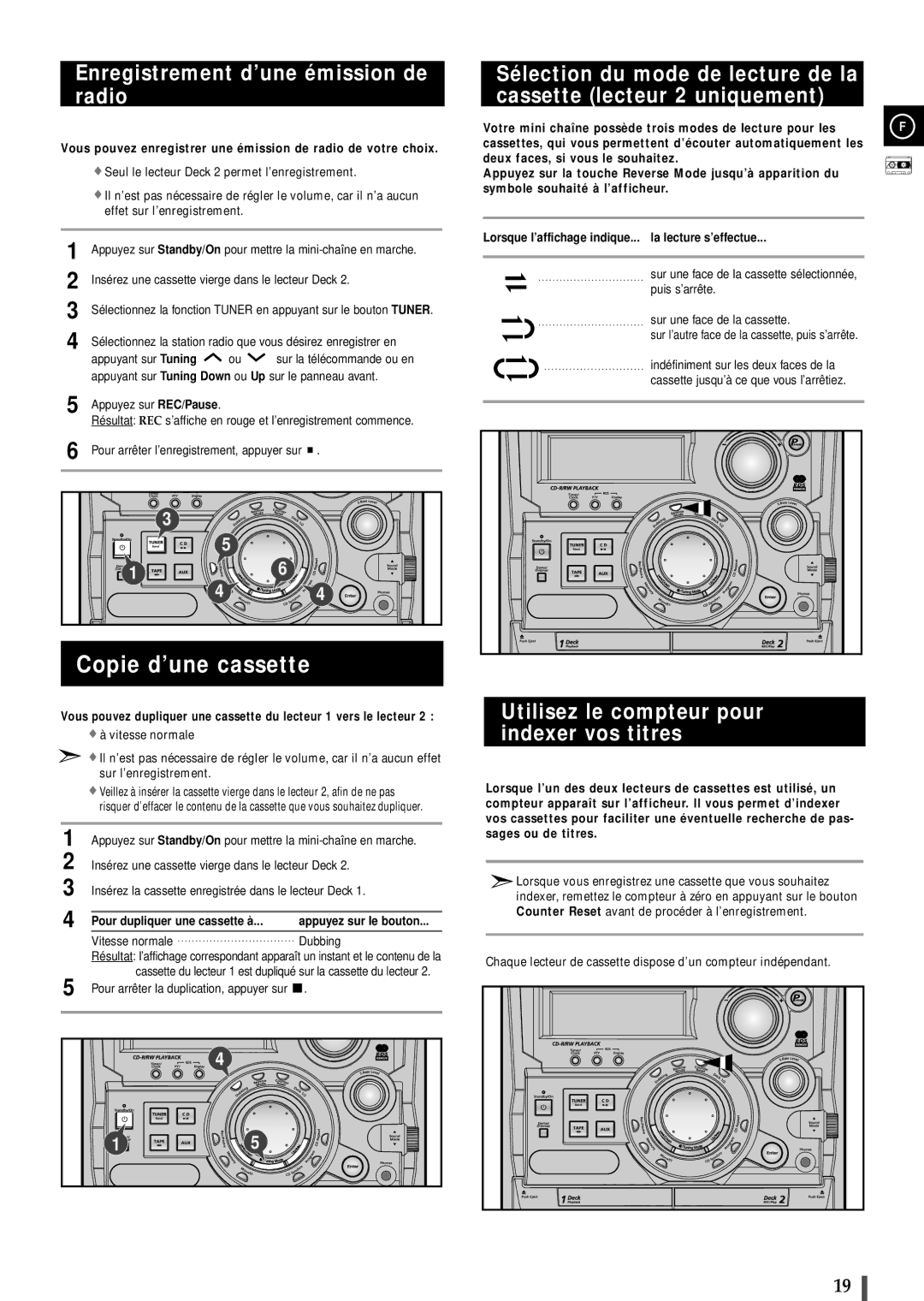 Samsung MAXB570RH/ELS manual Copie d’une cassette, Enregistrement d’une émission de radio, Pour dupliquer une cassette à 